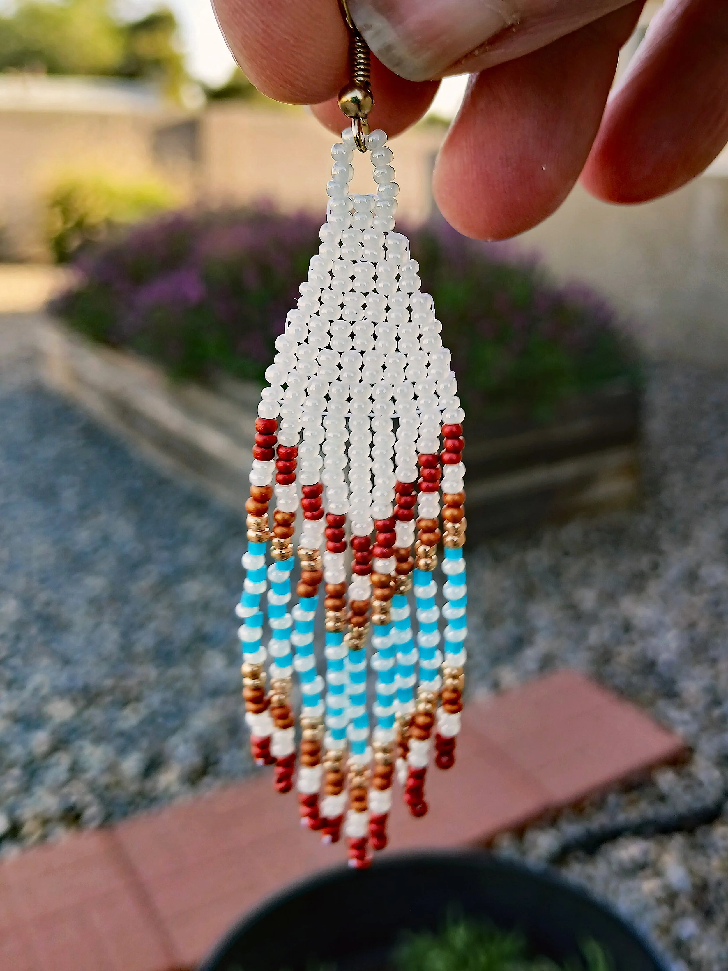 Native Boho Western Style handmade lightweight fringe beaded earrings in white, red, gold, orange, blue medium dangles