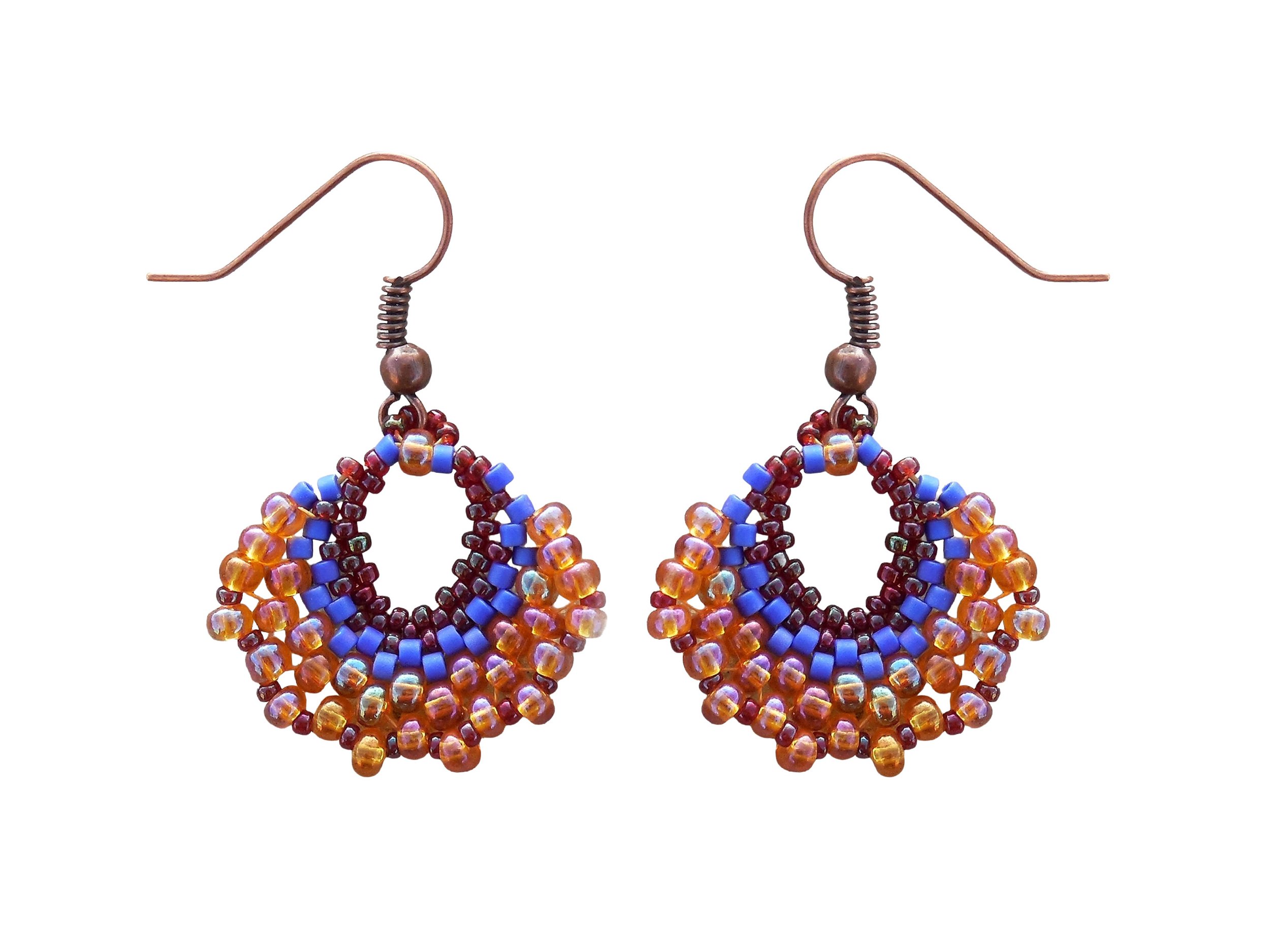 Handmade beaded crescent fan earrings handwoven in peyote stitch of cobalt blue, red and orange luster glass seed bead colors.