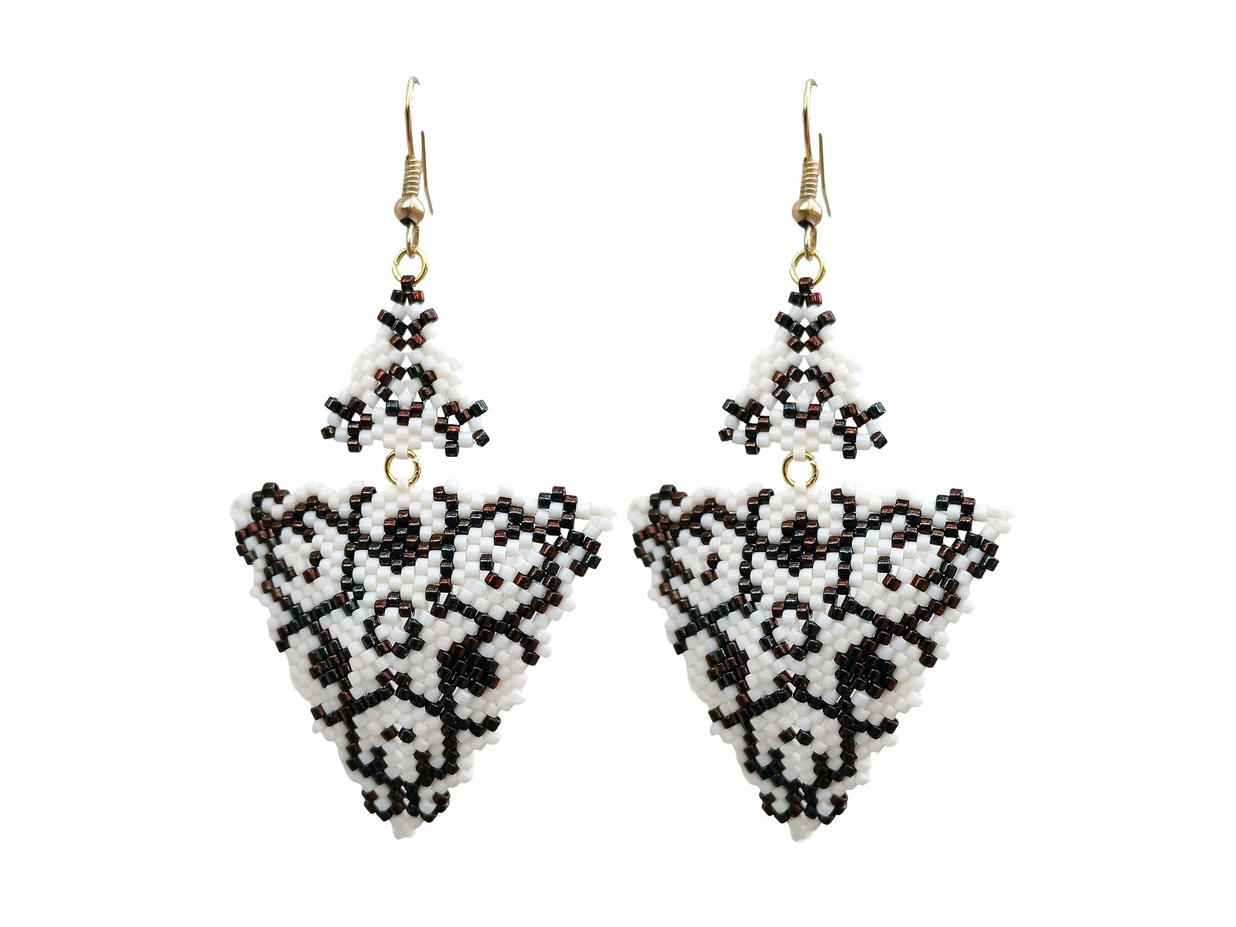 Metallic Copper Beaded Peyote Triangle Deco Drop Earrings