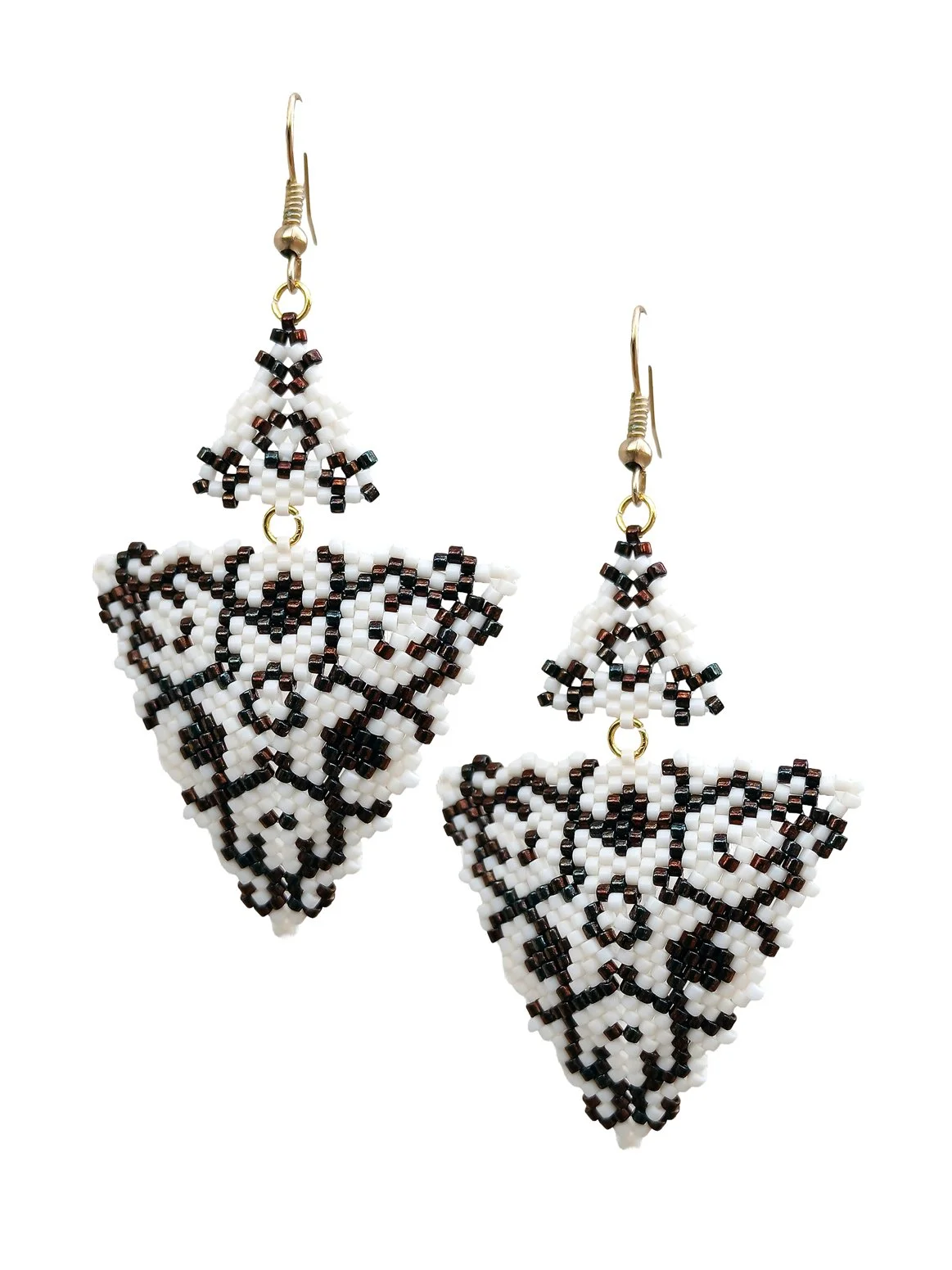 Handmade copper brown and alabaster white geometric triangle drops with two triangles beaded earrings in handwoven in peyote stitch design.