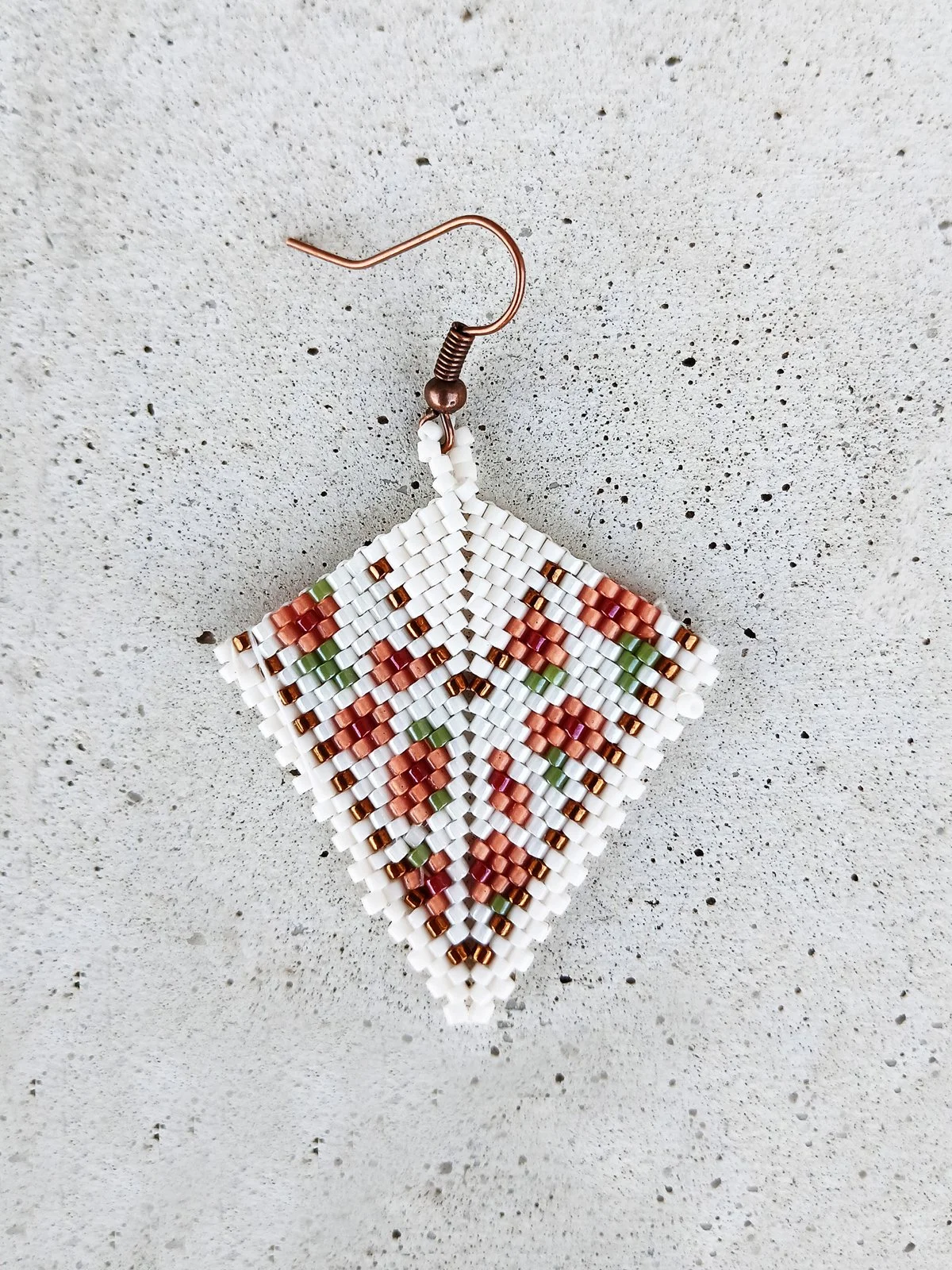 Elegant nature inspired peach floral handmade kite beaded earrings with gold accents Miyuki Delica glass beads