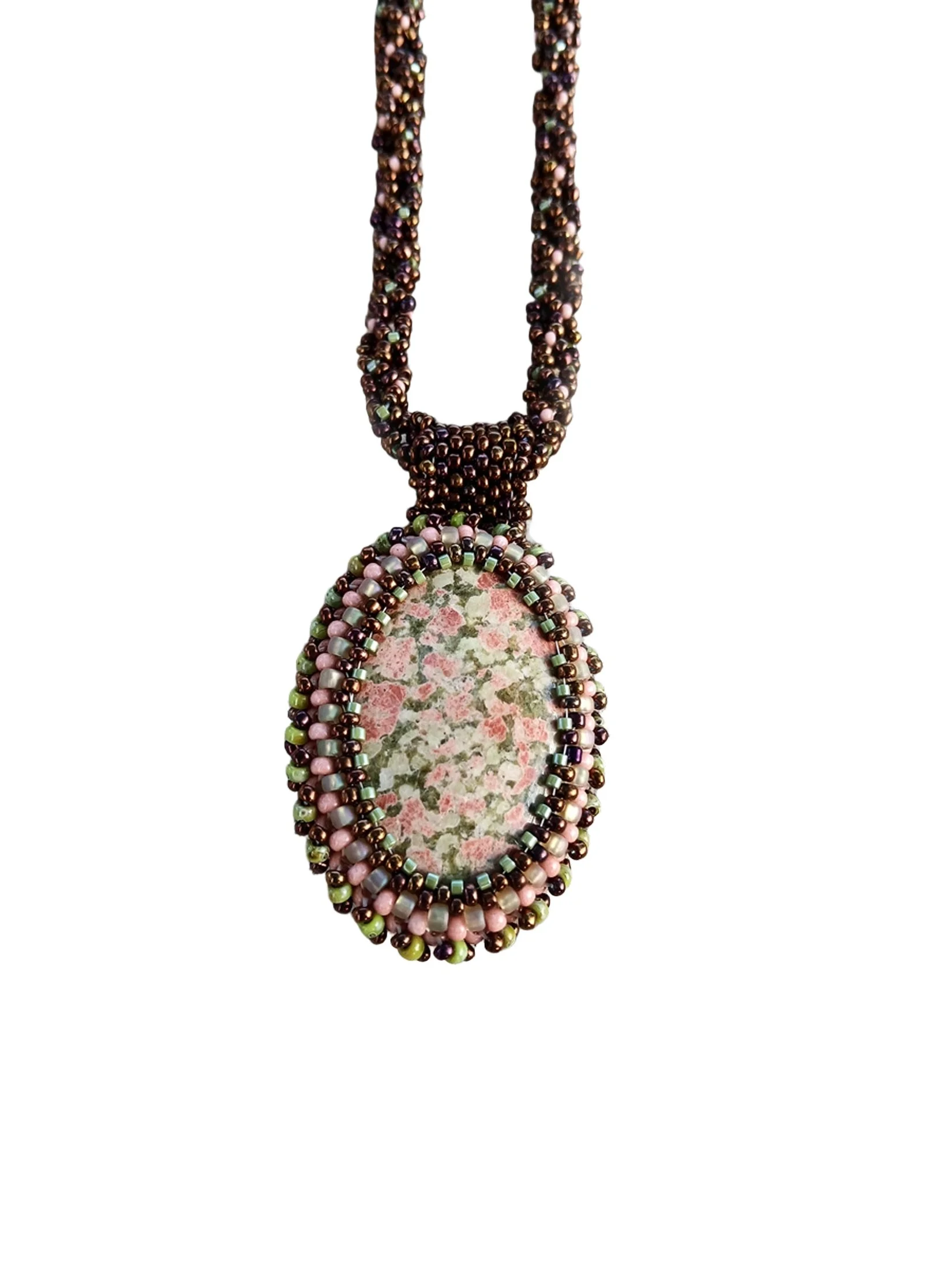 Unakite Gemstone Cabochon Handwoven Pendant Necklace