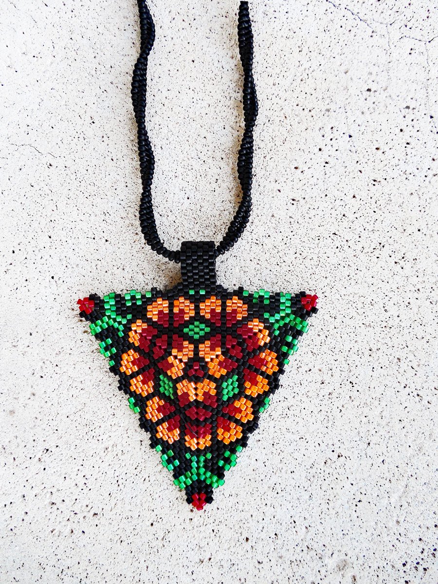 Handmade beaded peyote geometric floral triangle pendant necklace handwoven  in green, orange, and red with nonmetal herringbone black chain.