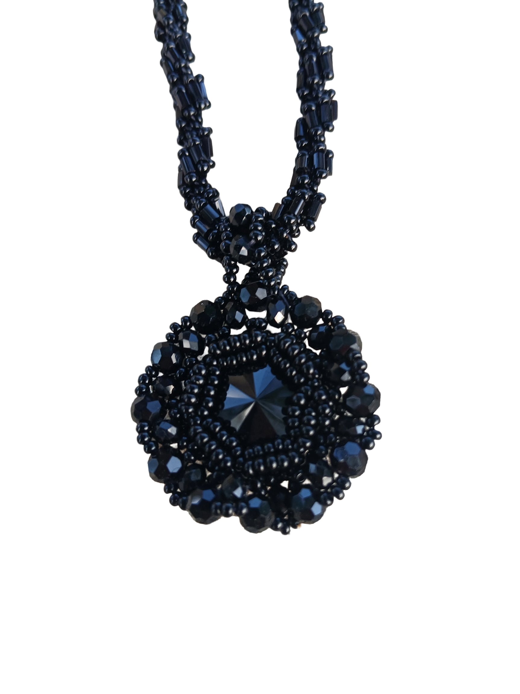 Black Rivoli Crystal Handwoven Pendant Necklace
