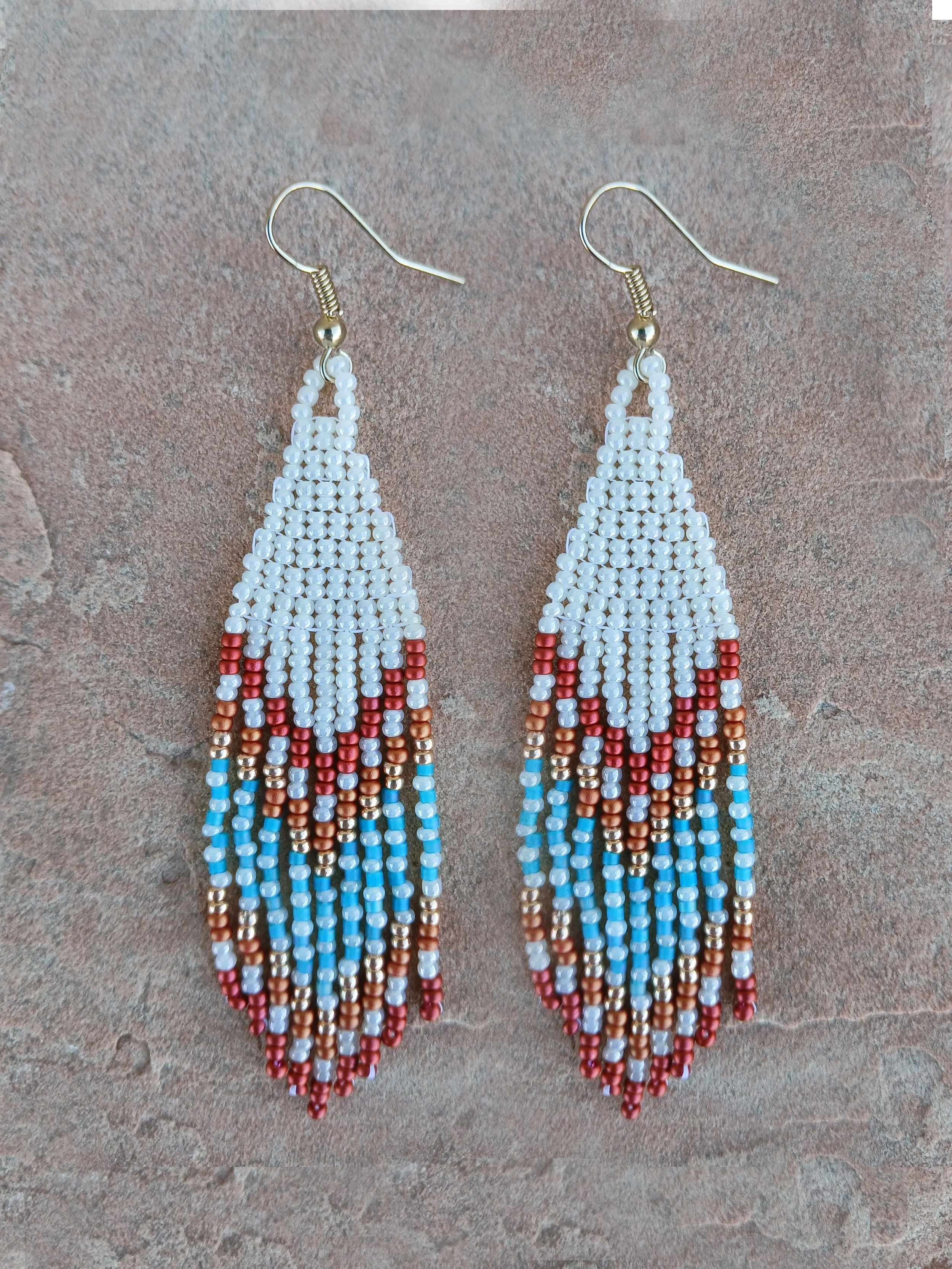 Native Boho Western Style handmade lightweight fringe beaded earrings in white, red, gold, orange, blue medium dangles