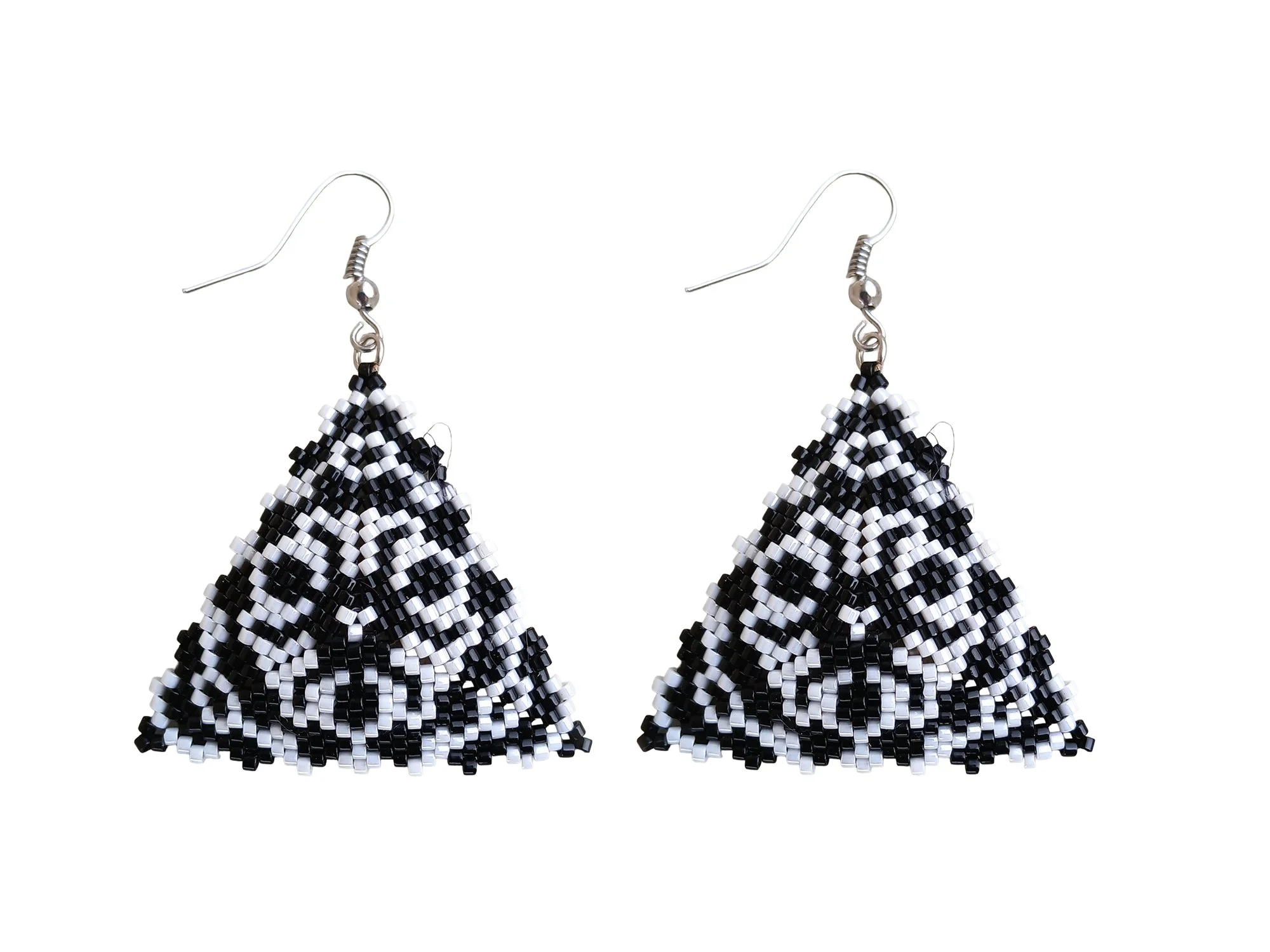 Black and White Beaded Lion Face Peyote Triangle Earrings