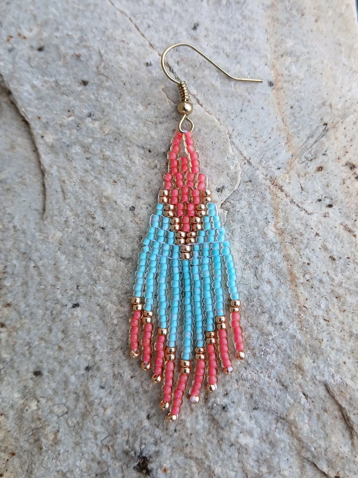 turquoise coral gold short fringe beaded earrings