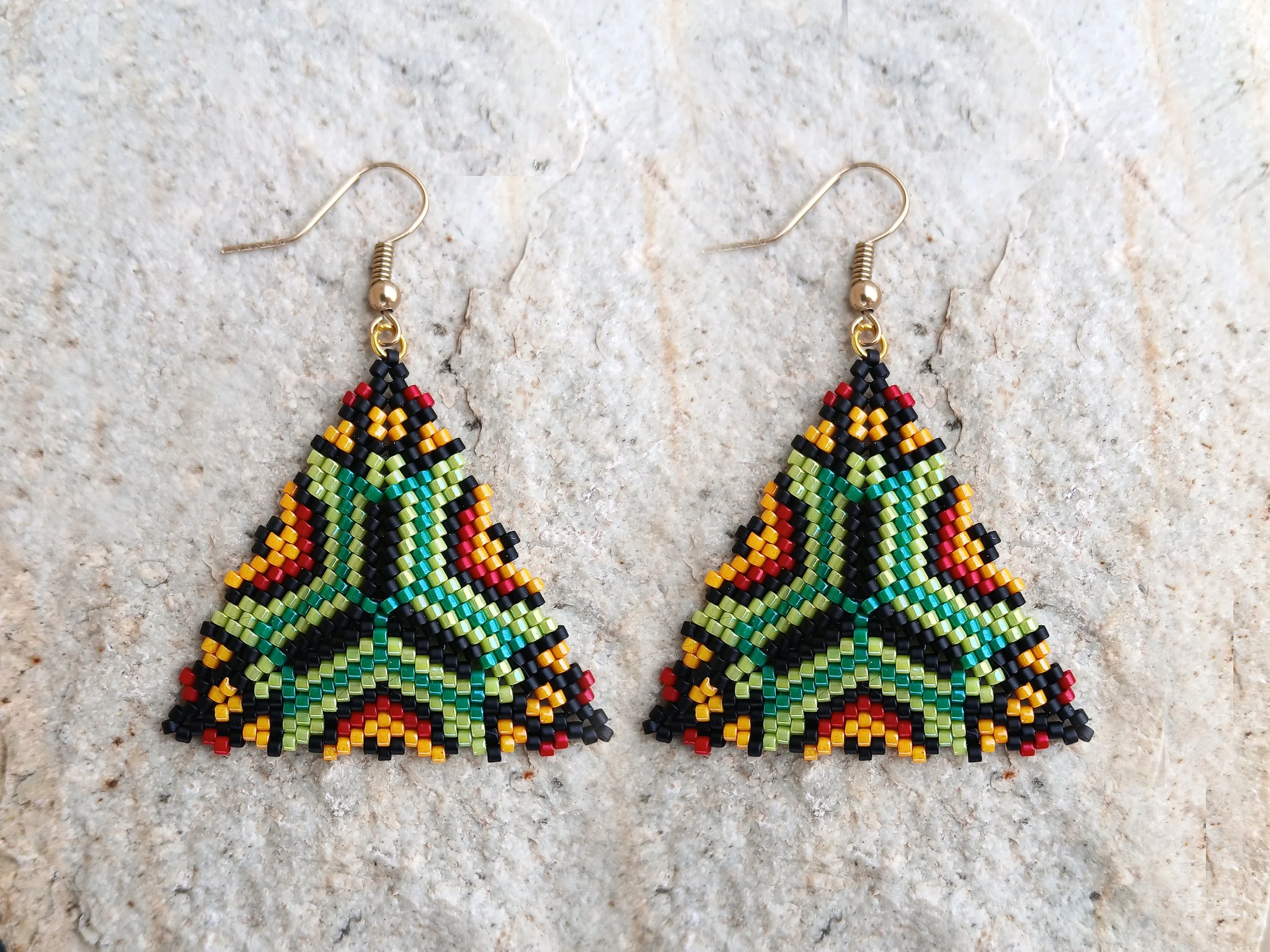 Vibrant Beaded Geometric Triangle Earrings Green Orange Red and Black Handmade Peyote Boho Tribal Jewelry Peyote Herringbone Stitch
