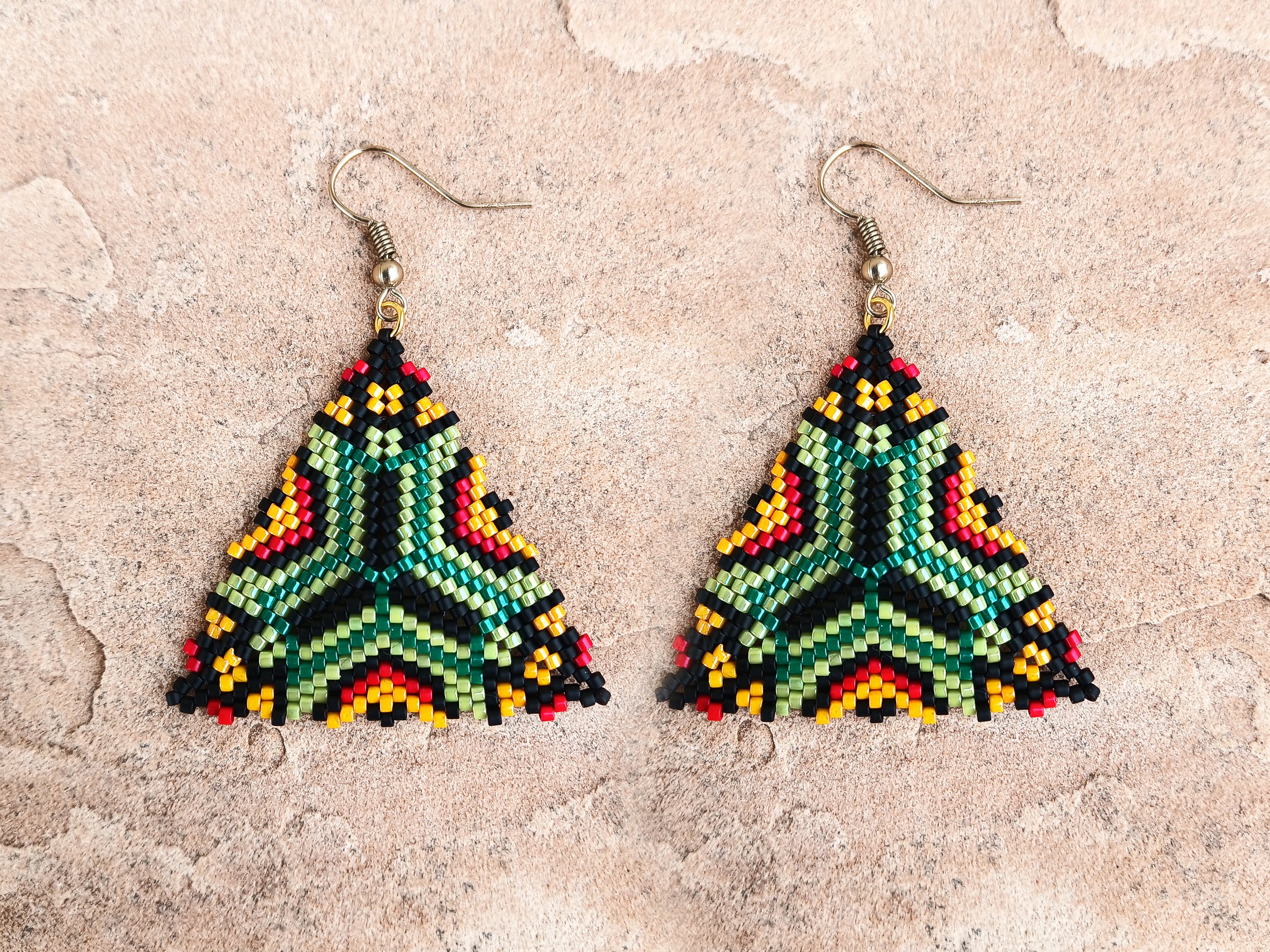 Vibrant Beaded Geometric Triangle Earrings Green Orange Red and Black Handmade Peyote Boho Tribal Jewelry Peyote Herringbone Stitch