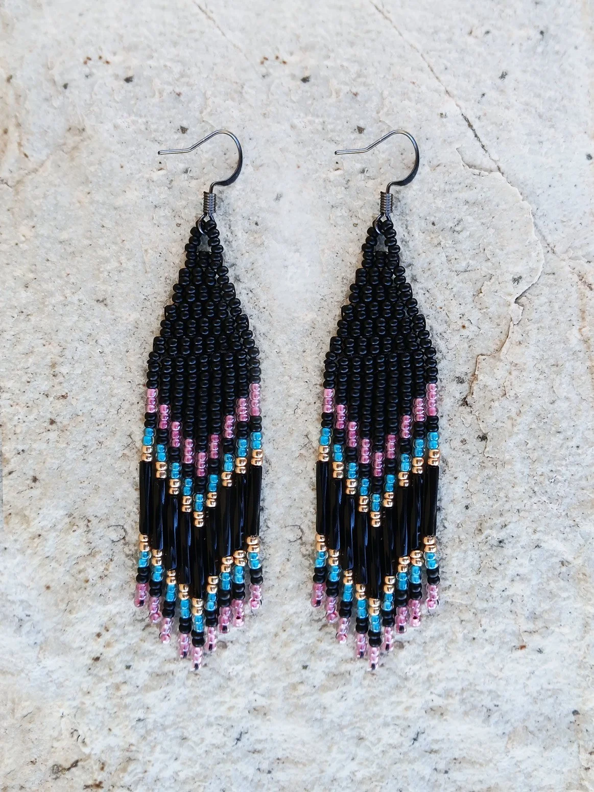 Colorful beaded fringe earrings with pink, orchid, and turquoise details