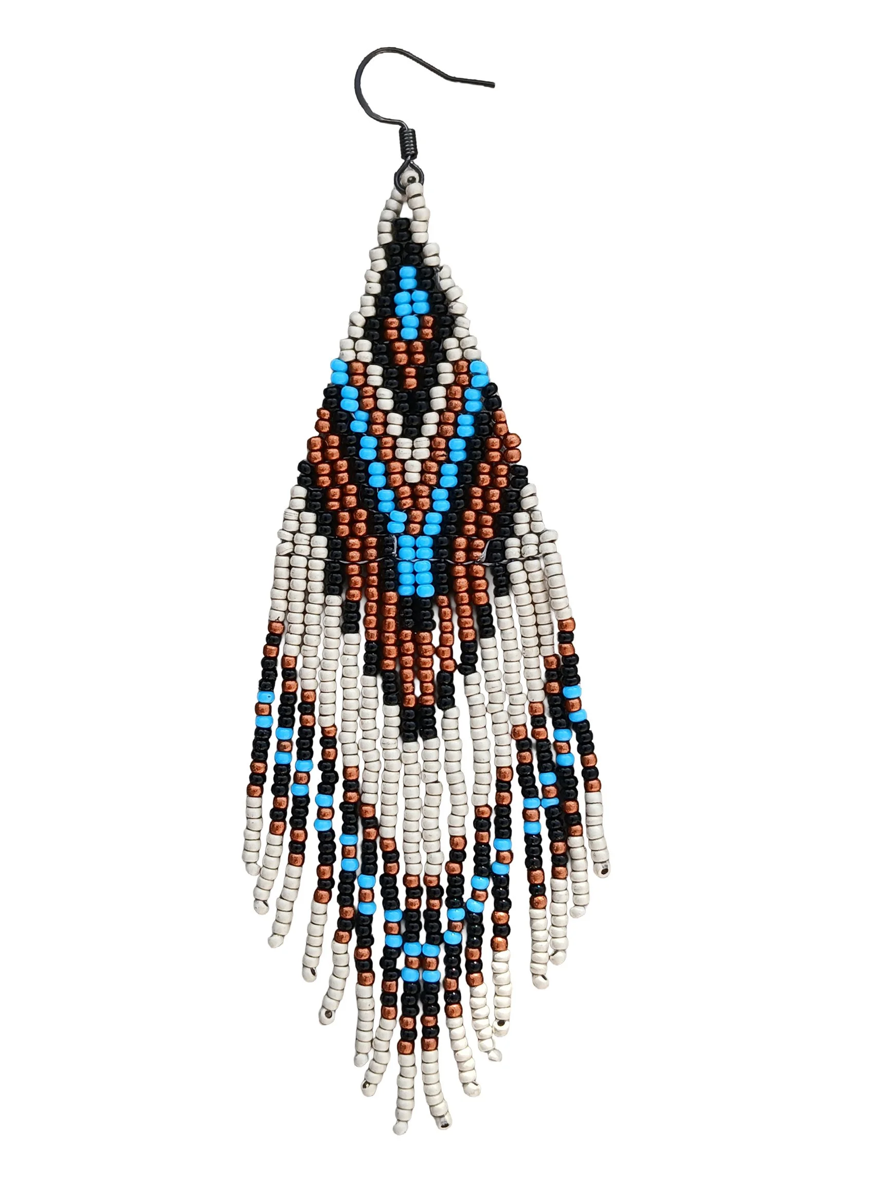 Handmade 5” beaded fringe earrings handwoven in chevron brick stitch with earthy sky blue, matte silver, black, and copper.