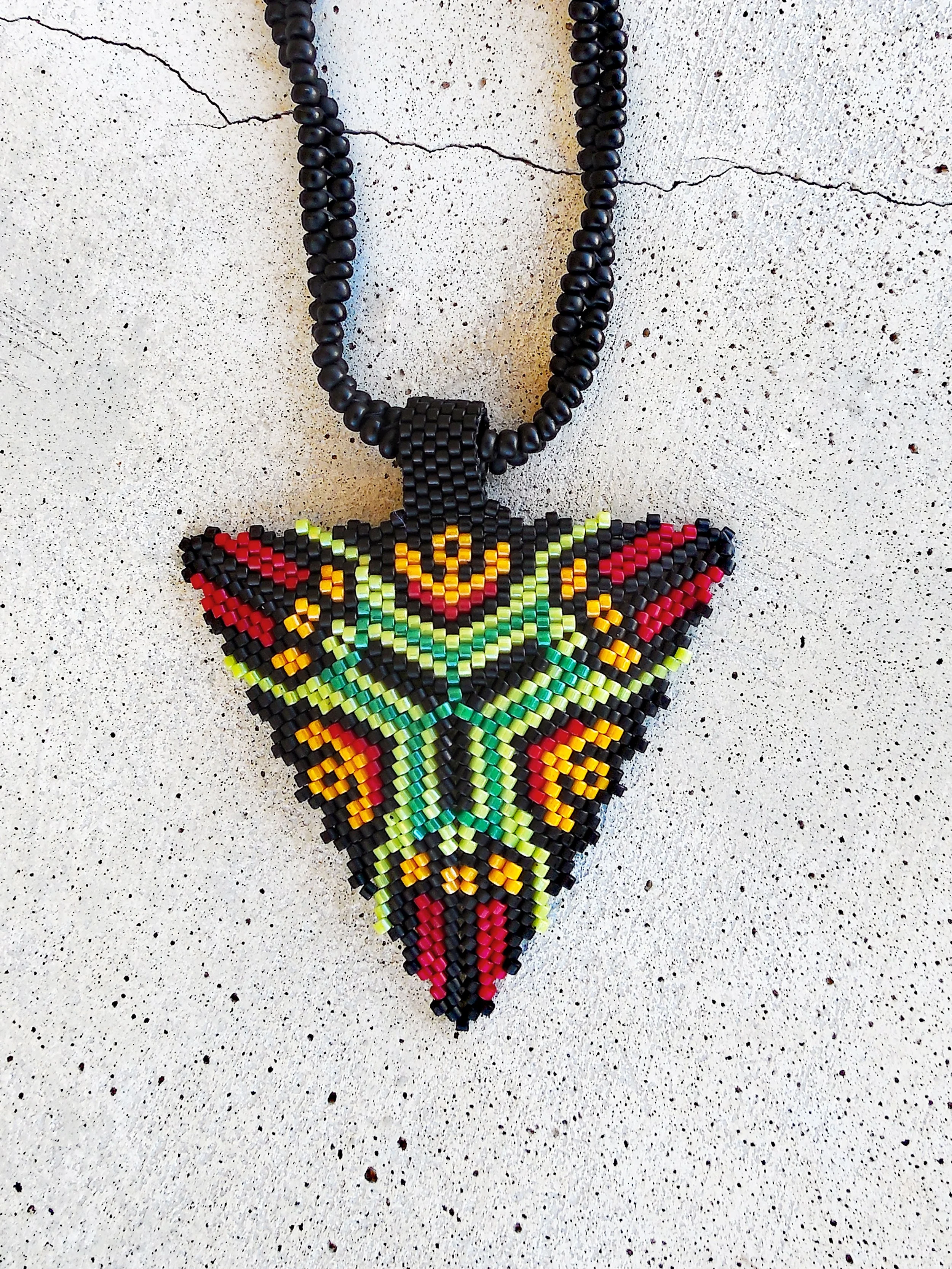 Handmade Boho  Beaded Geometric Triangle Pendant vibrant Necklace and Chain Non-Metal Jewelry in Green Orange Red Black
