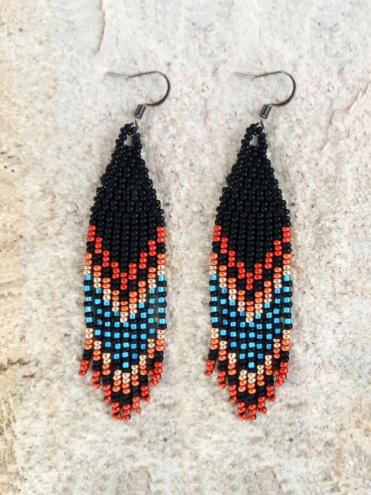 Mountain Sunset Beaded Fringe Earrings - Boho Seed Bead Statement Jewelry