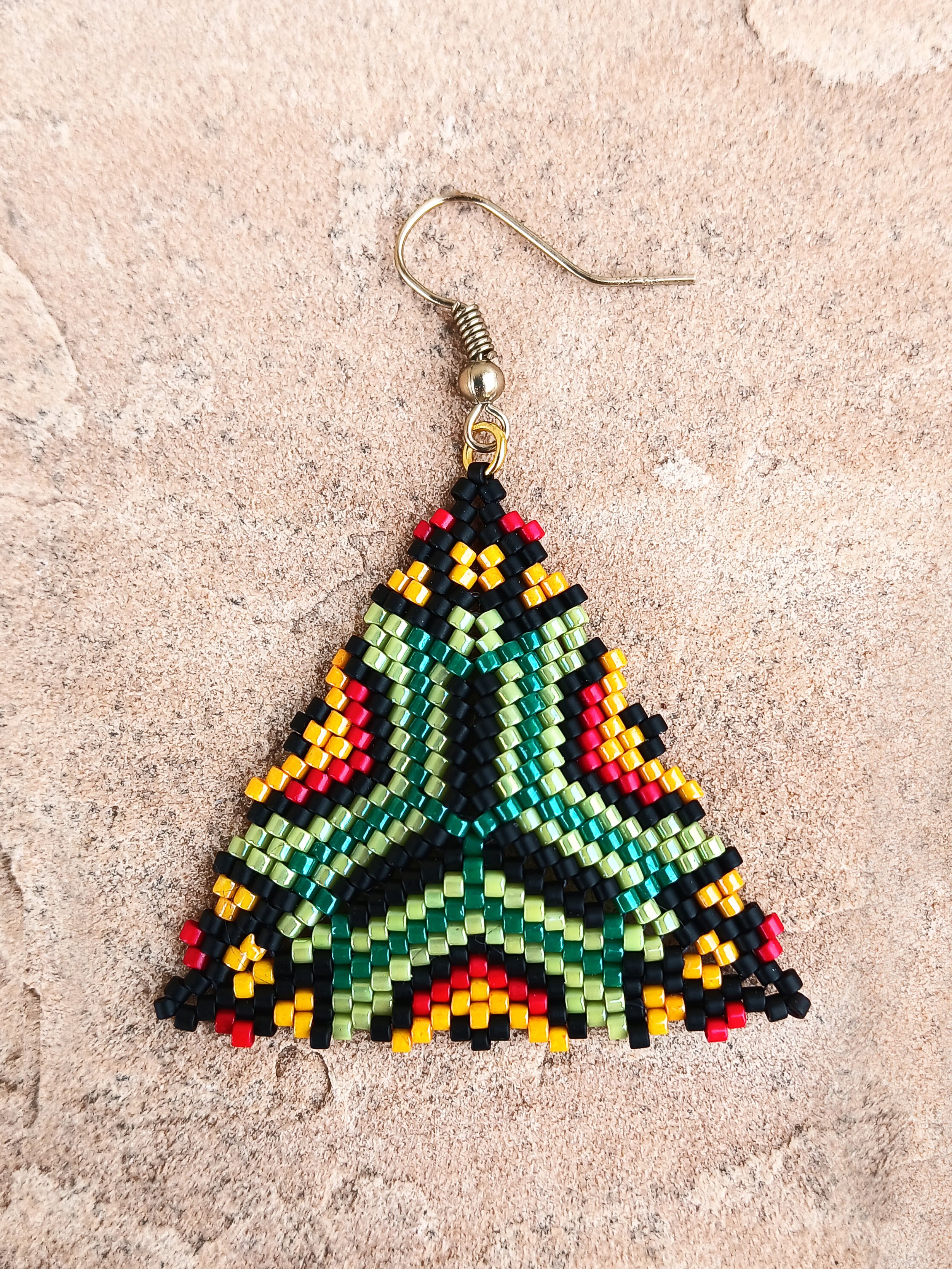 Vibrant Beaded Geometric Triangle Earrings Green Orange Red and Black Handmade Peyote Boho Tribal Jewelry Peyote Herringbone Stitch