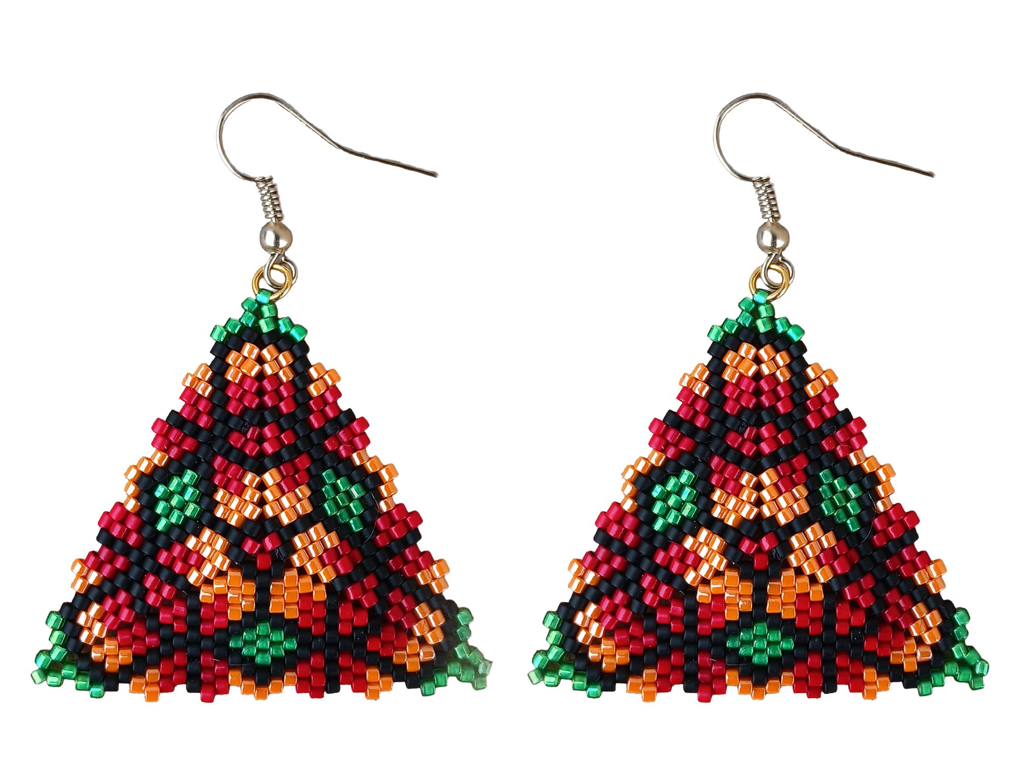 Handmade geometric triangle beaded earrings featuring a colorful floral pattern handwoven in red, green, orange, and black peyote stitch.