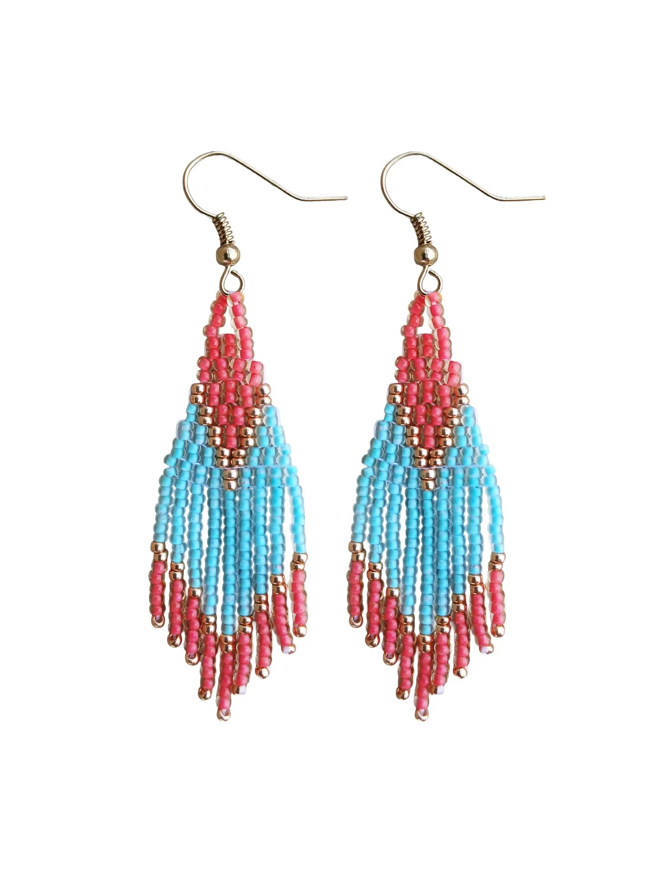 turquoise coral gold short fringe beaded earrings