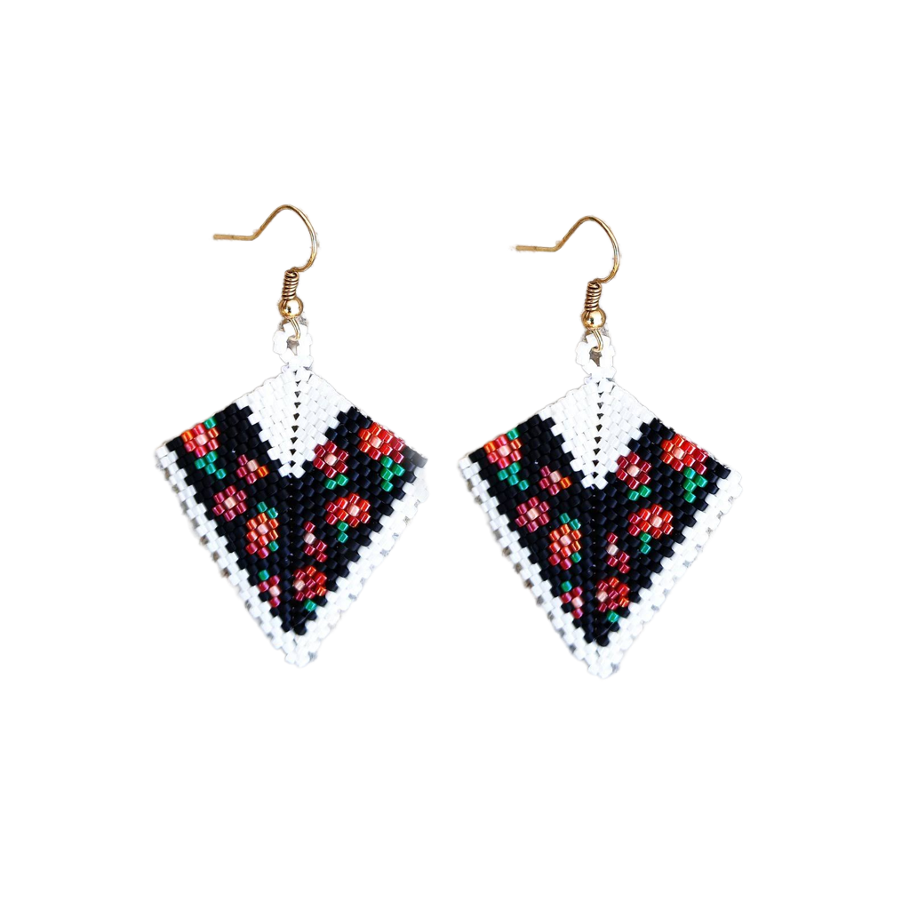 Handmade beaded earrings nature inspired red florals on black and white kite earrings with Miyuki Delica glass beads