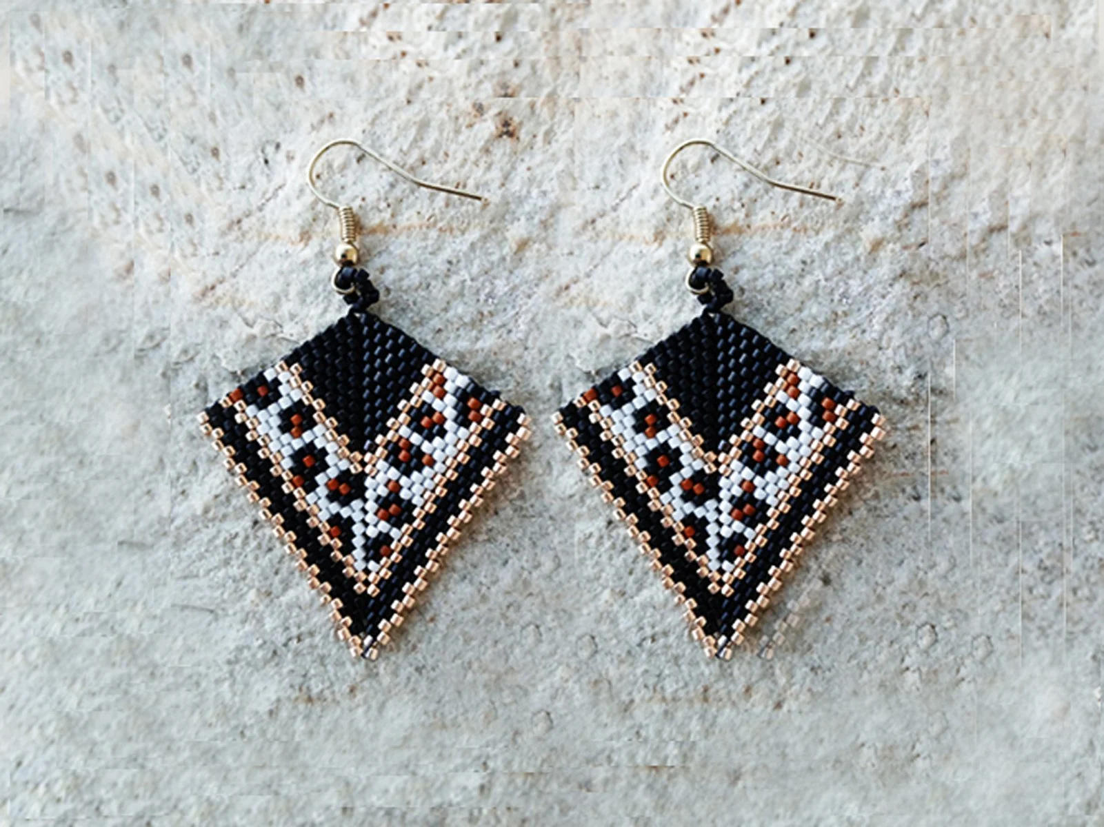 jaguar arrow kite shape Beaded drop earrings handwoven handmade bohemian black gold brown white