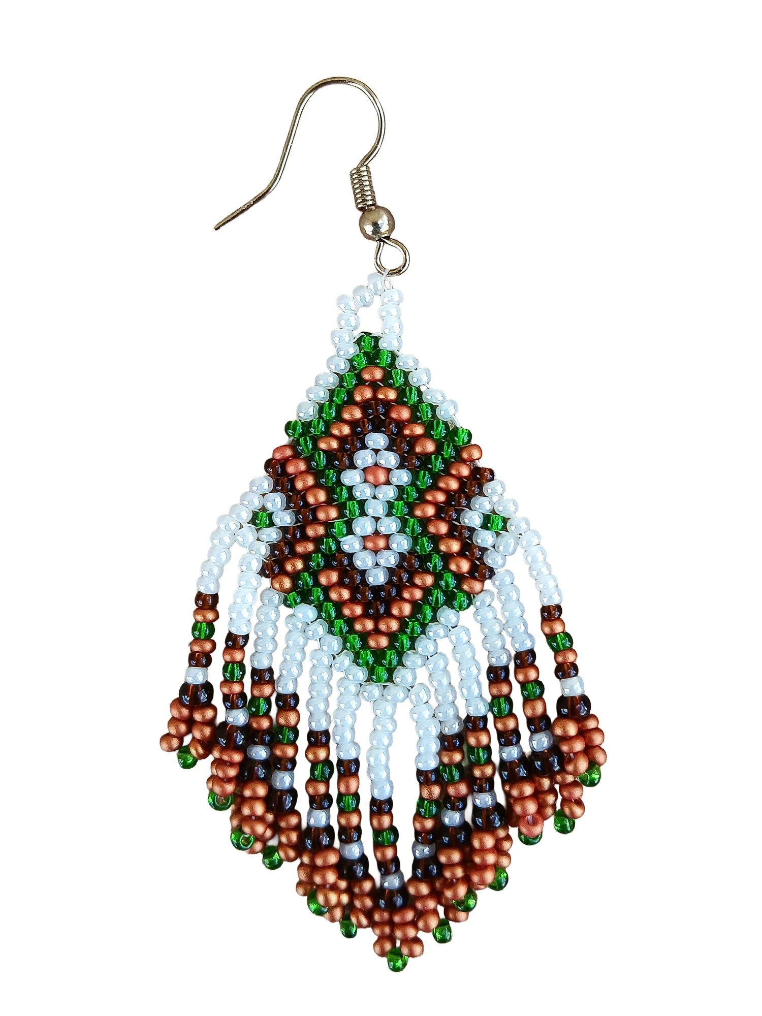 Handmade Southwestern beaded fringe earrings handwoven brick stitch in red, green, ivory, and white.