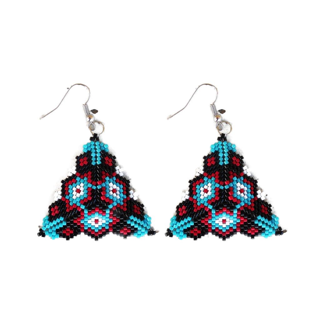 geometric triangle peyote stitch earrings with Native American inspired beadwork