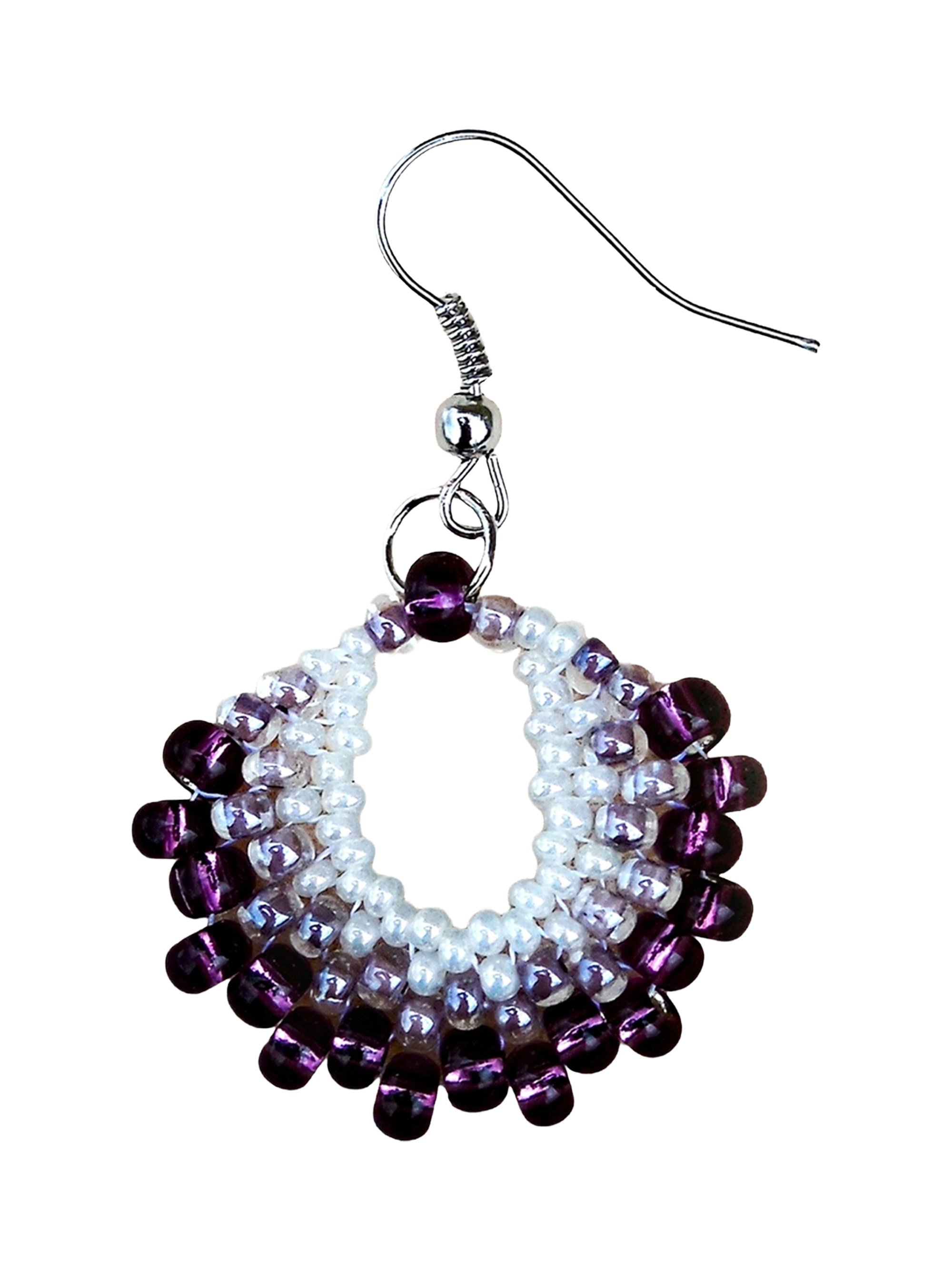 Handmade crescent fan dangle earrings handwoven in purple and pearl white glass seed beads using peyote stitch closeup.