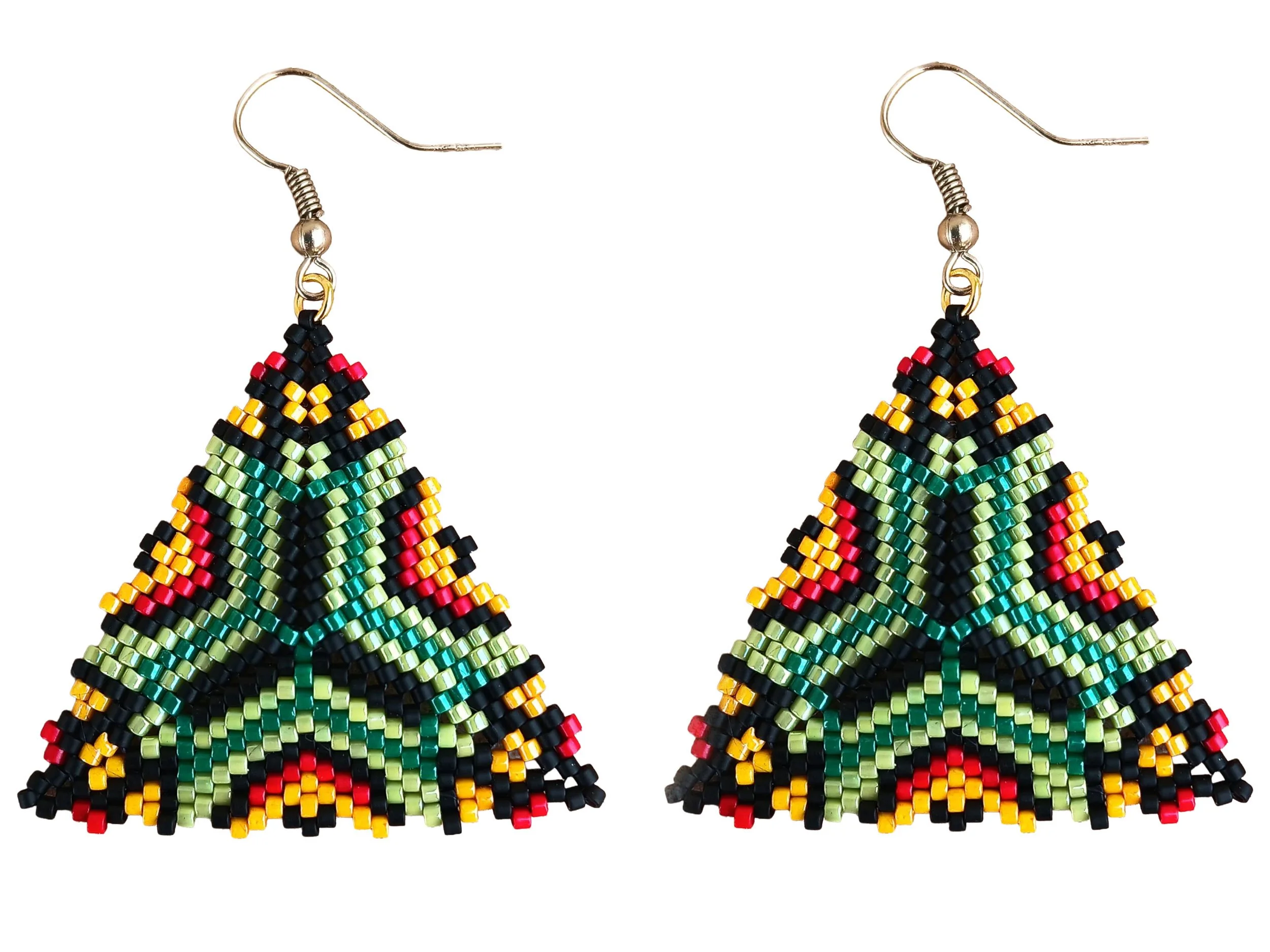 Handmade southwestern geometric triangle peyote beaded dangle earrings featuring a handwoven in green, red, black, and orange color palette.