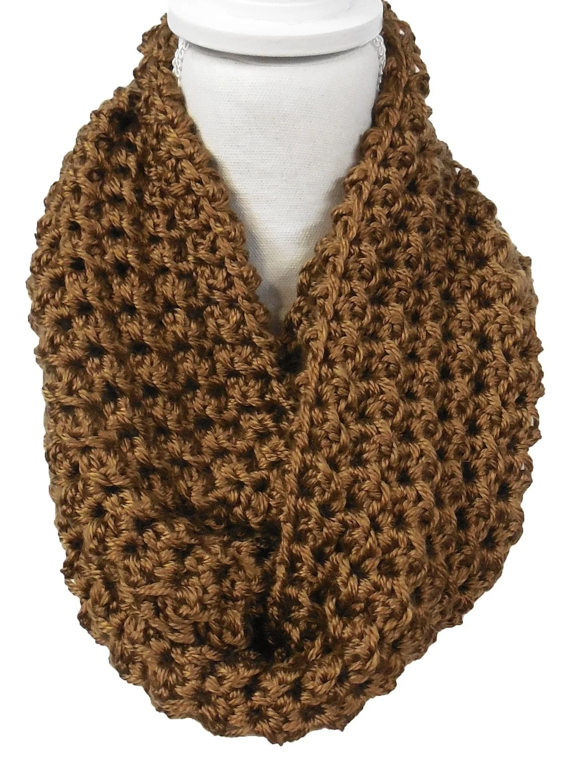 Handmade camel gold crochet Celtic weave infinity cowl scarf doubled over for a thick and warm fall fashion look.