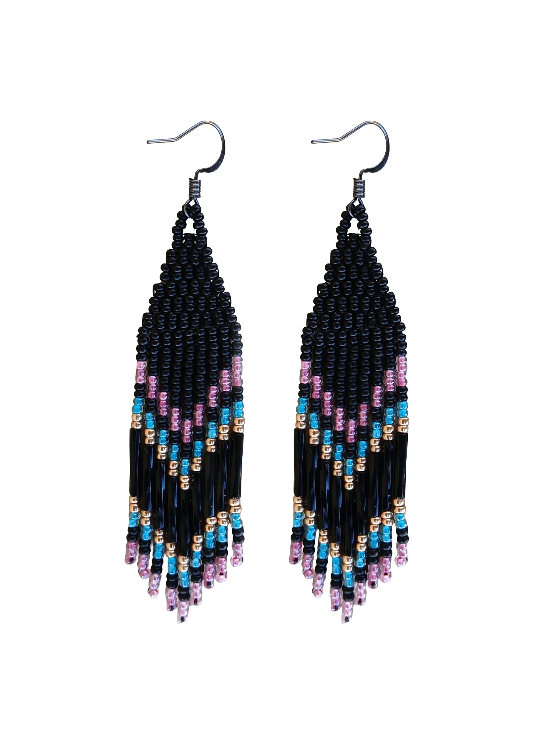 Colorful beaded fringe earrings with pink, orchid, and turquoise details