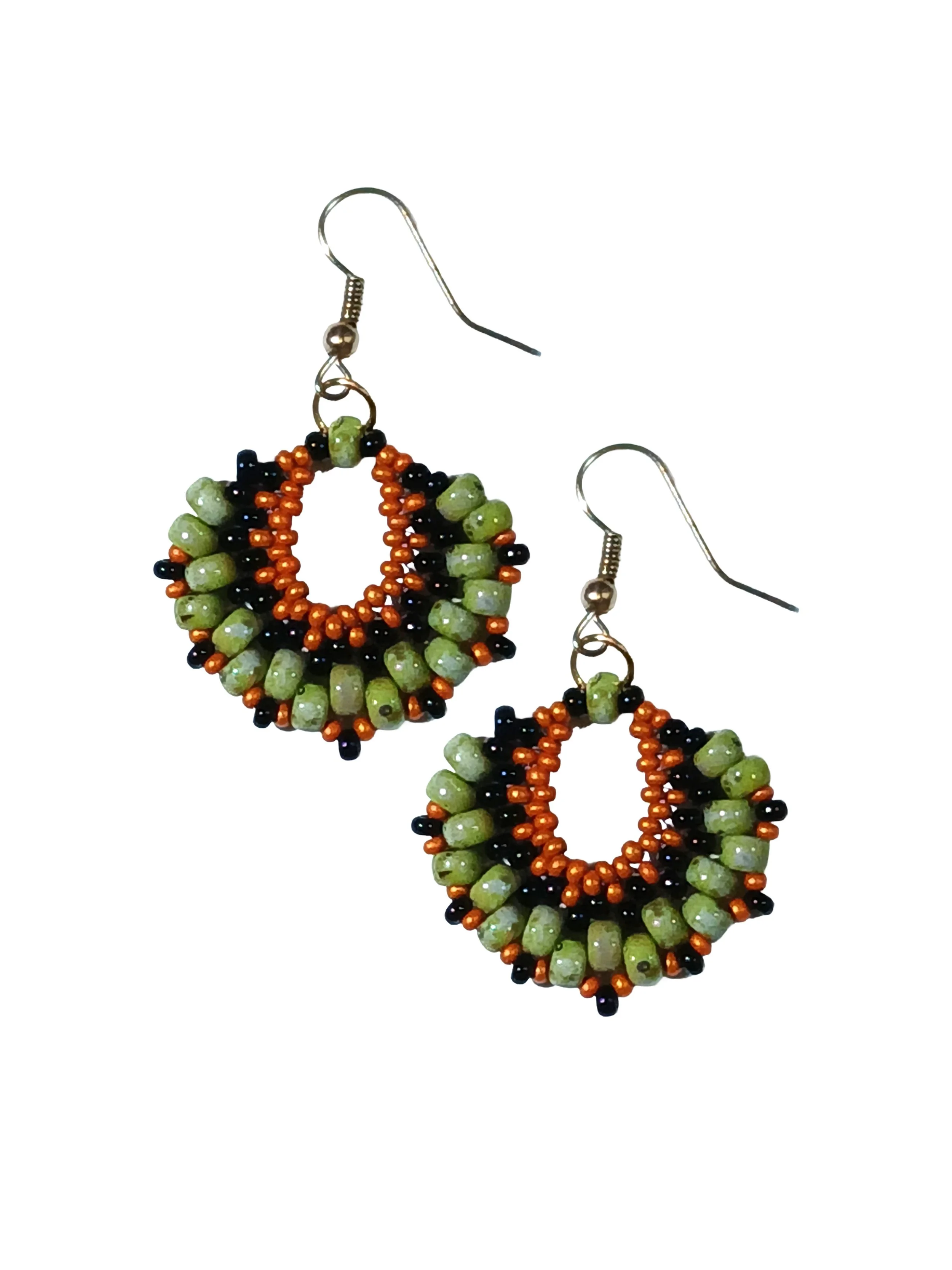 Handmade beaded crescent fan short dangle earrings handwoven in Picasso green, orange, and black glass seed beads.