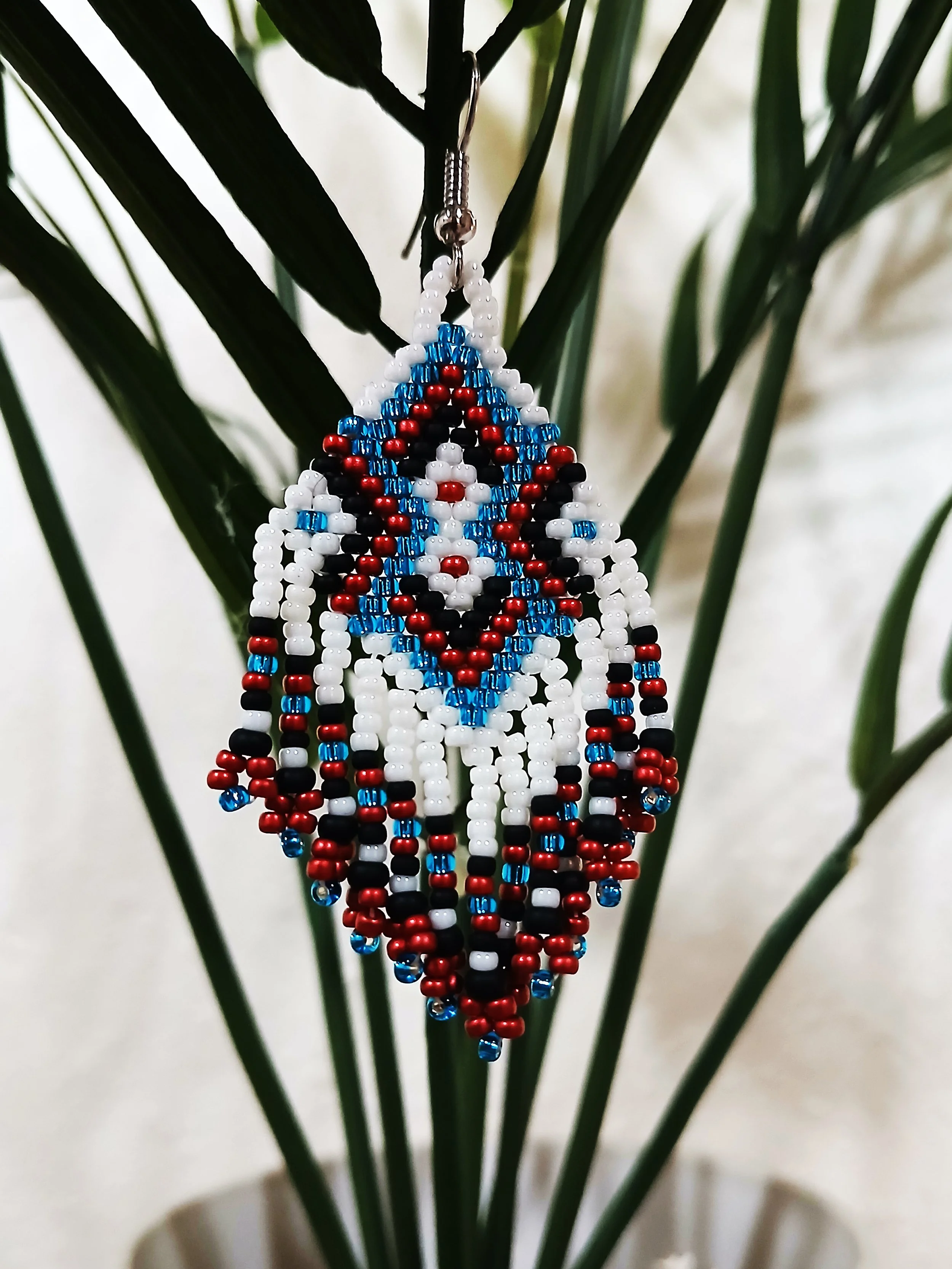 Four Directions Blue Ice Handmade Beaded Short Fringe Earrings In Western Style Colors of Red Black White Miyuki Round Beads