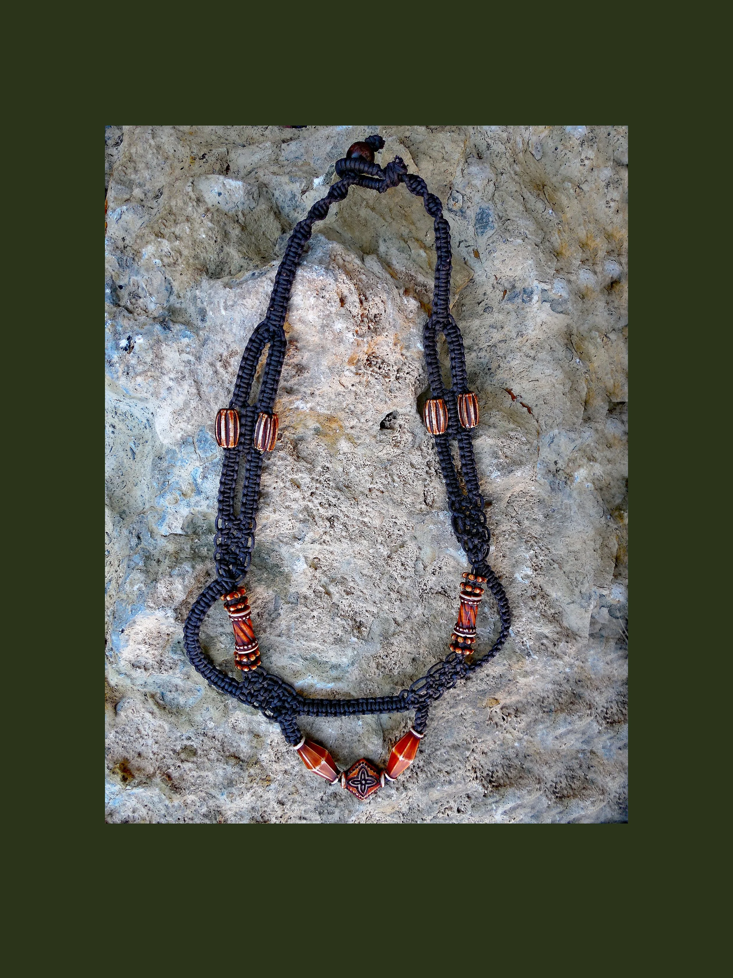 Handmade brown macrame necklace with bohemian tribal knots and adjustable cord unisex hemp and beads