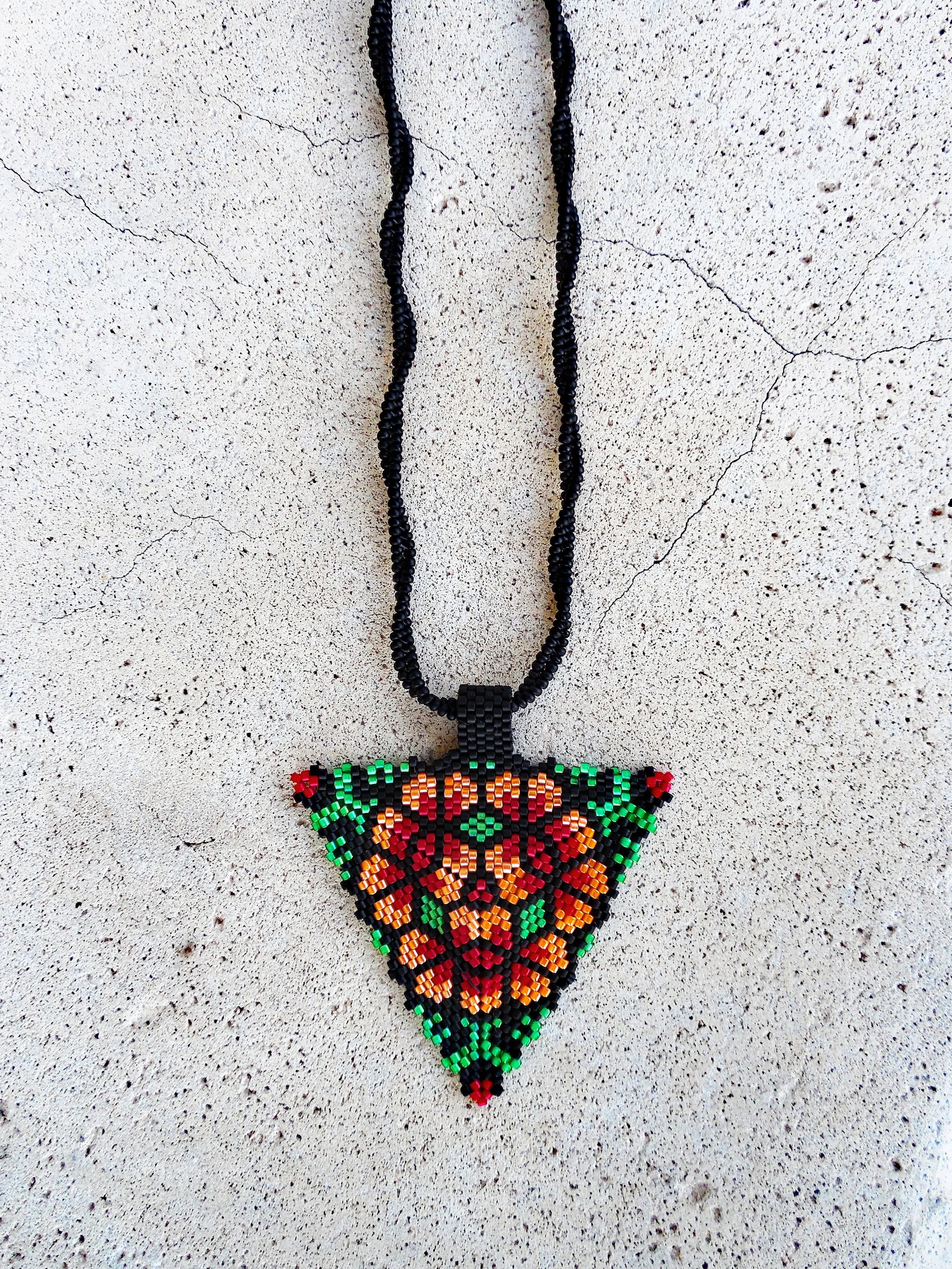 Handmade Boho  Beaded Geometric Triangle Pendant Floral Necklace and Chain Non-Metal Jewelry in Green Orange Red Black