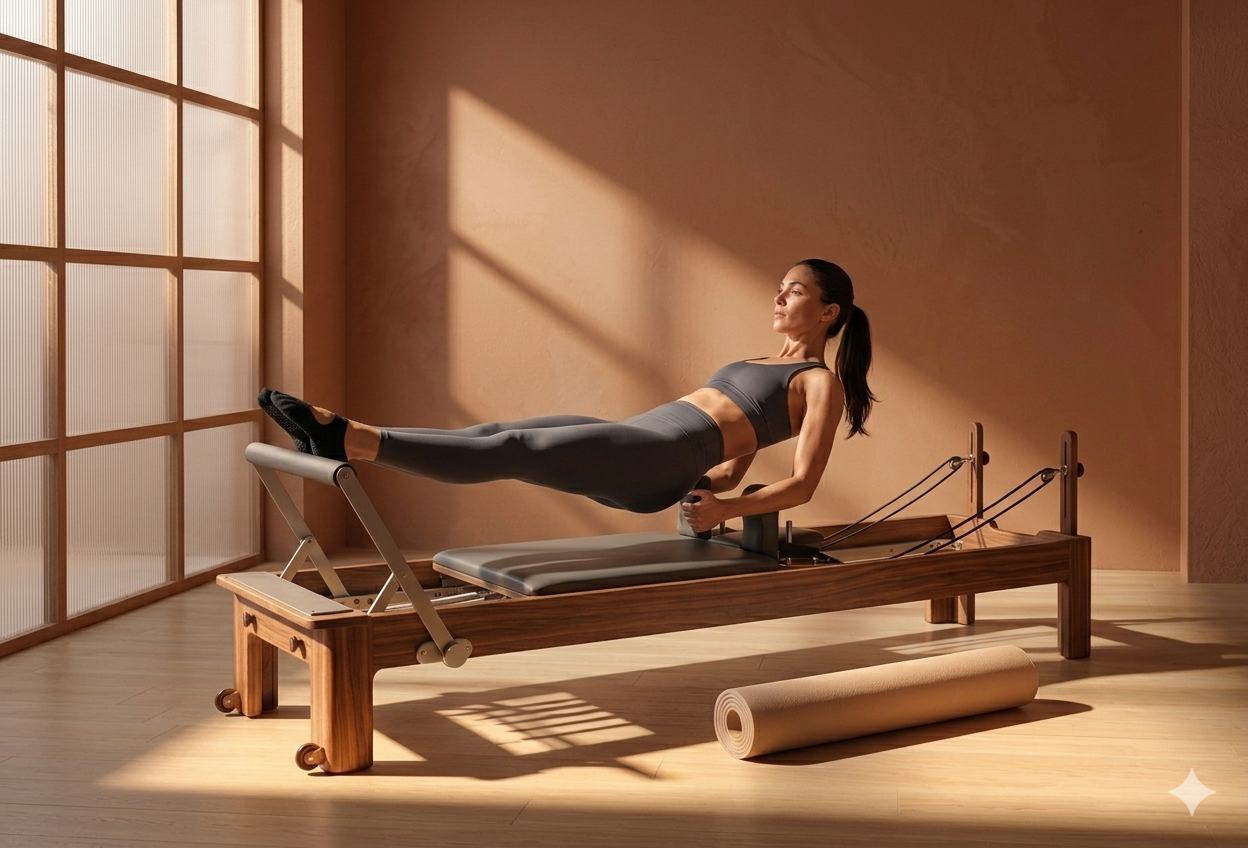 Femme faisant des exercices de Pilates sur un reformer dans une salle de fitness bien éclairée, avec un rouleau de yoga sur le sol