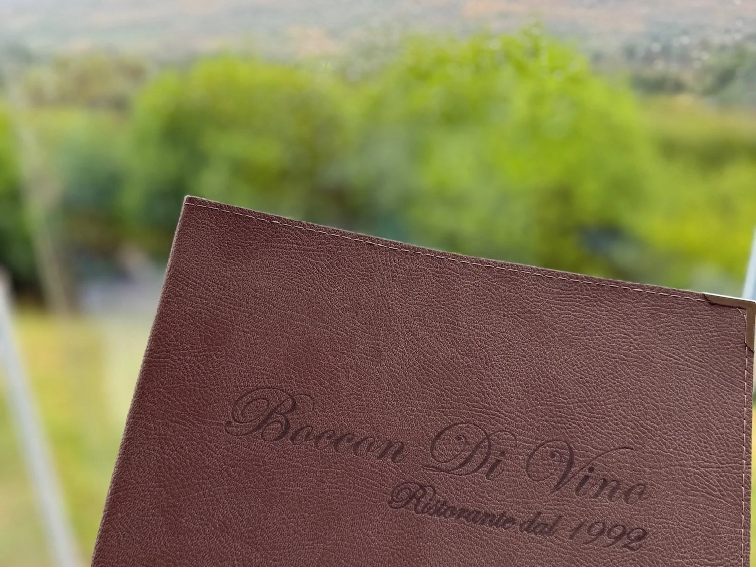 Close-up of a brown textured notebook with cursive embossed text 'Bureau Di Vino Ristorante dal 1992' against a blurred background of green trees and a bright sky.