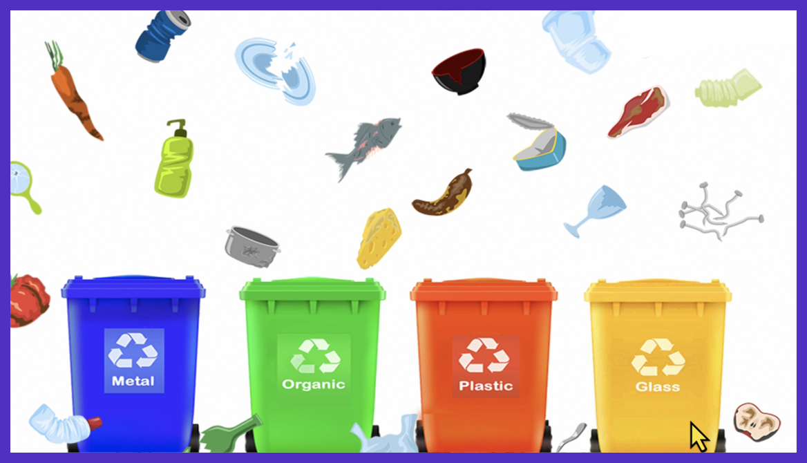 Recycling bins labeled Metal, Organic, Plastic, and Glass with various trash items above and around them