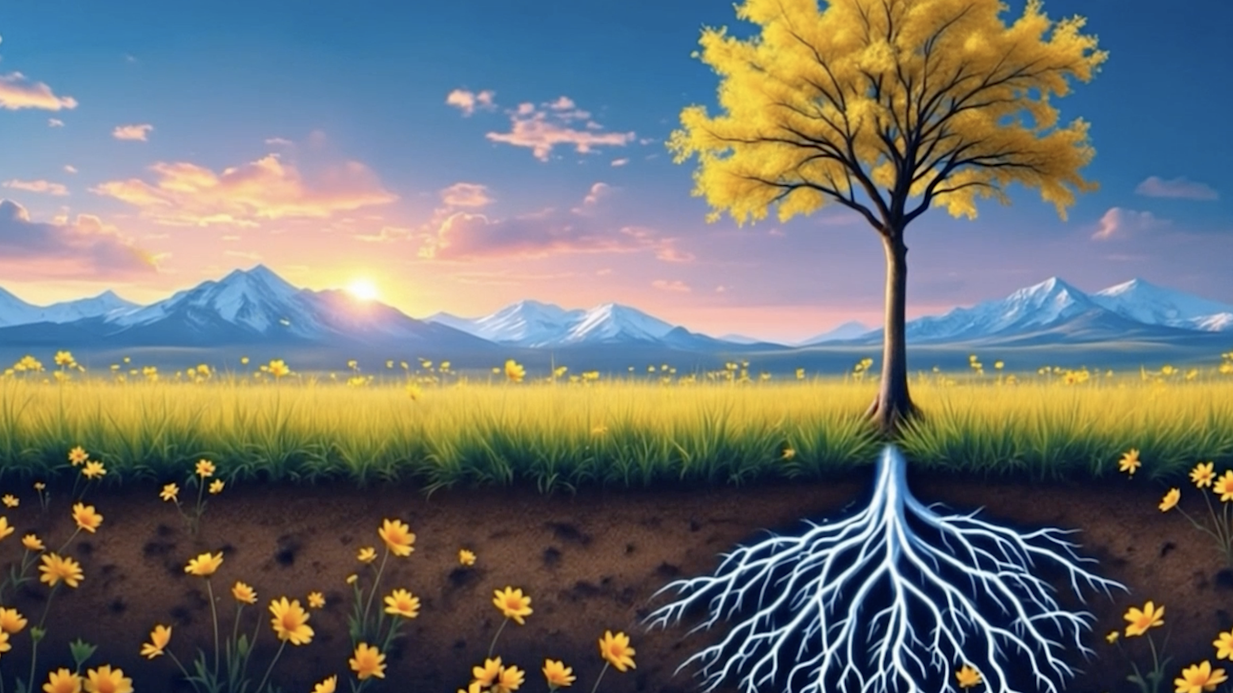 Illustration of a landscape showing a tree with yellow leaves in a field of yellow flowers, snow-capped mountains in the background, and a sunset sky. The tree's roots underground are depicted with white roots extending into the soil.