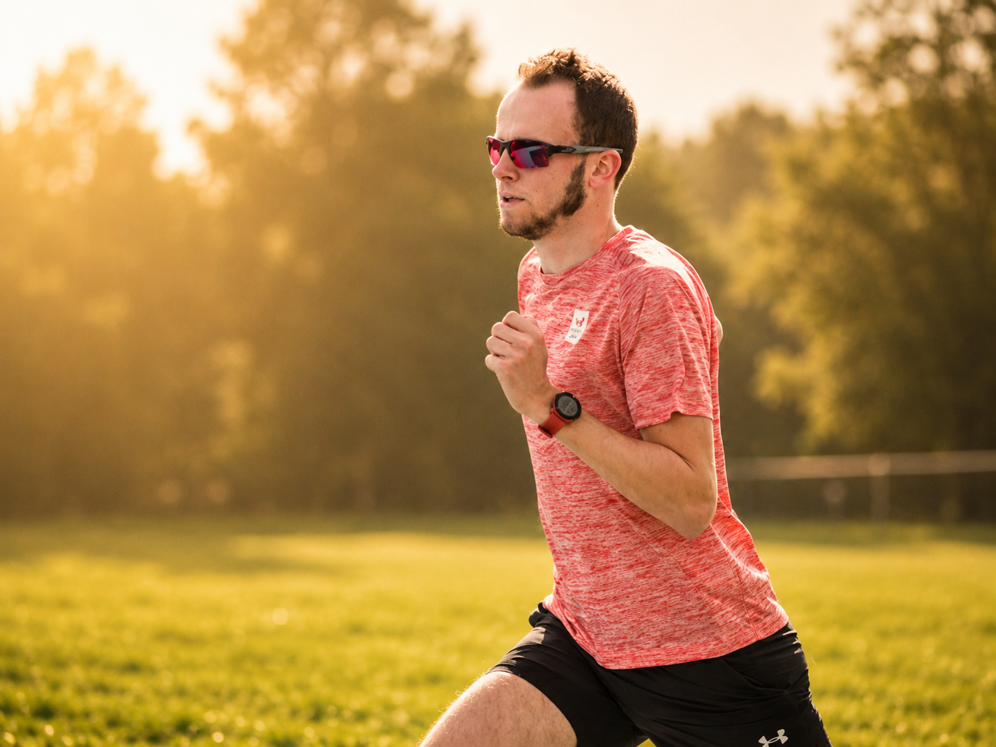 Man die hardloopt in een park tijdens zonsondergang, draagt een roze sportshirt, zwarte shorts, zonnebril en sporthorloge.