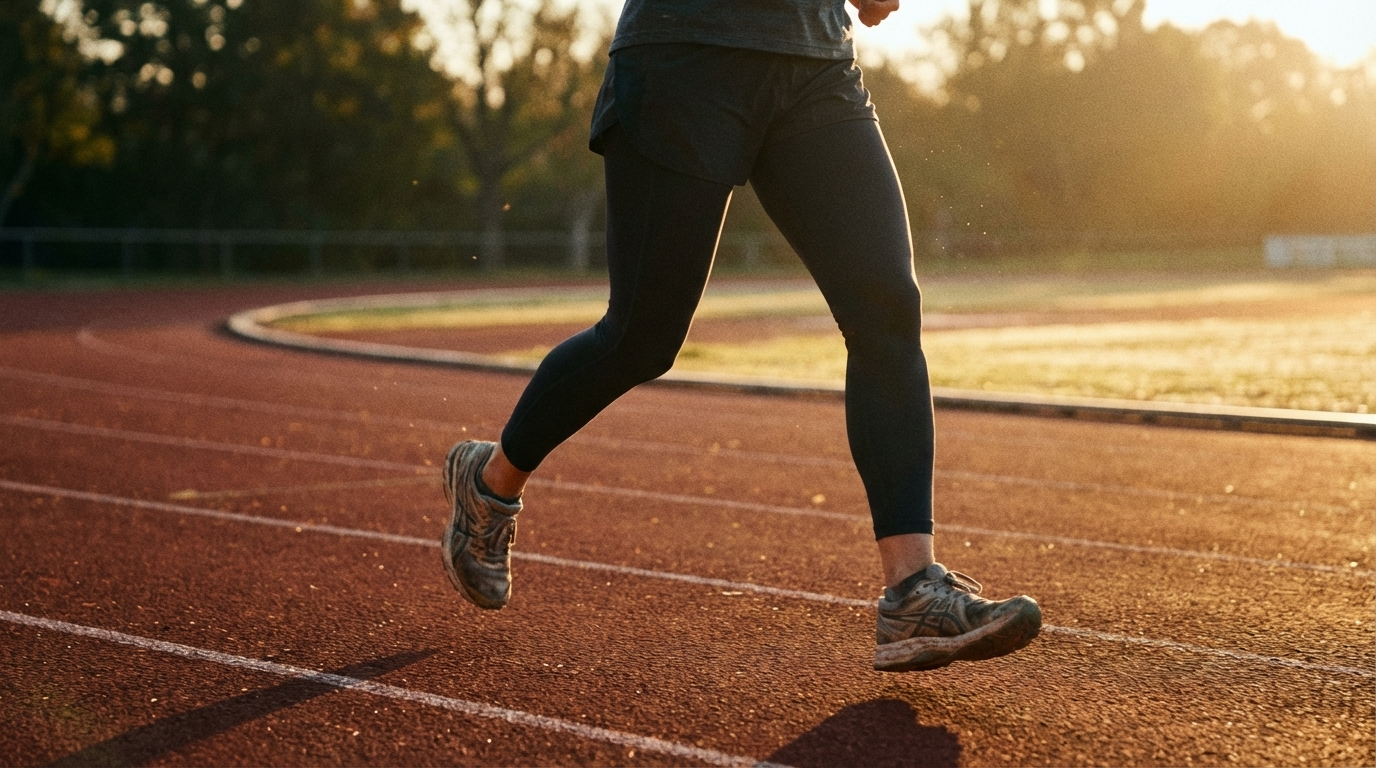 Persoon die hardloopt op een atletiekbaan tijdens zonsopgang of zonsondergang, met de focus op benen en schoenen.