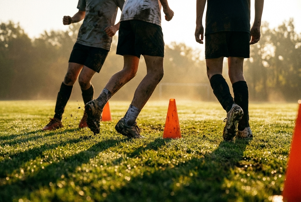 Drie gehavende voetbalspelers trainen op een grasveld met oranje pionnen tijdens zonsondergang.