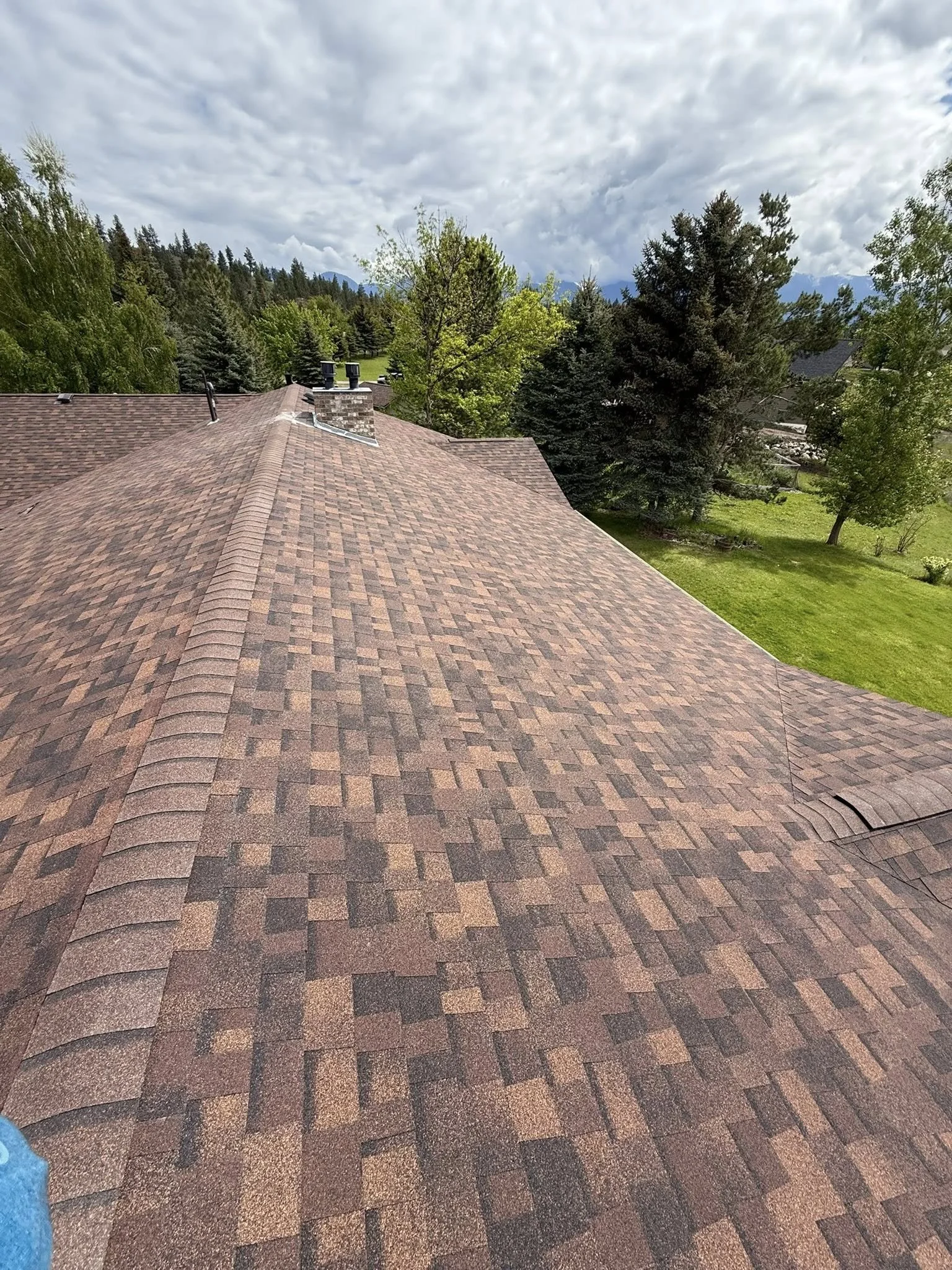 Aerial view of a townhouse roof covered in brown asphalt shingles, surrounded by green trees and a grassy yard under a cloudy sky.