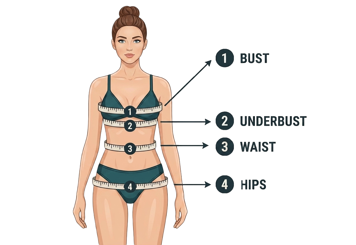 Diagram of a woman measuring her bust, underbust, waist, and hips with a tape measure, labeled with numbered categories