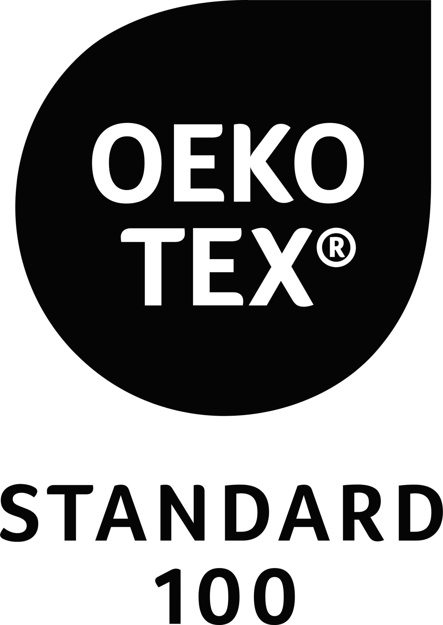 Close-up of a black circular badge with the words 'OKOTEX STANDARD 100' in bold black letters.
