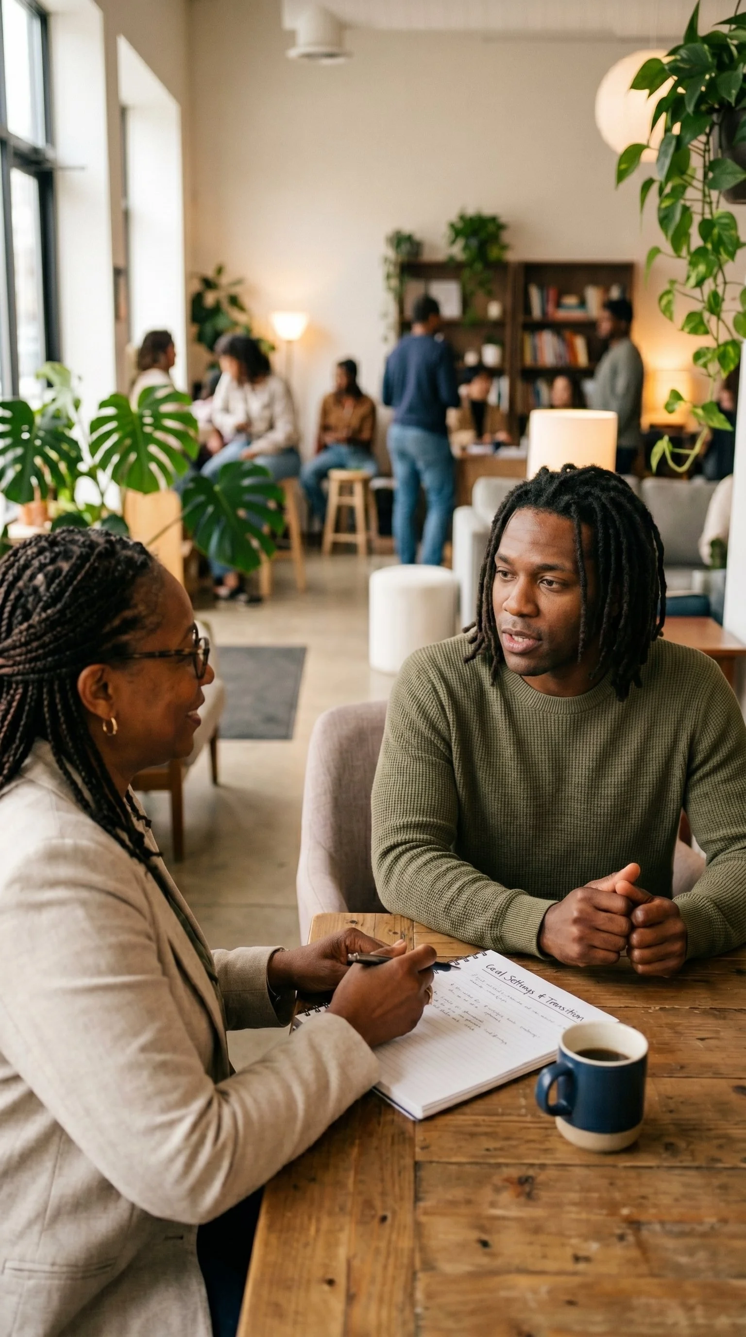 A woman and a man having a conversation at a wooden table in a cozy coffee shop, with a notebook and a cup of coffee on the table, and other people socializing in the background.