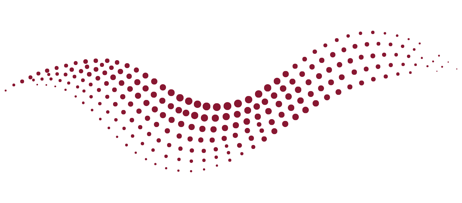 Stylized wave pattern made of burgundy dots on a black background.