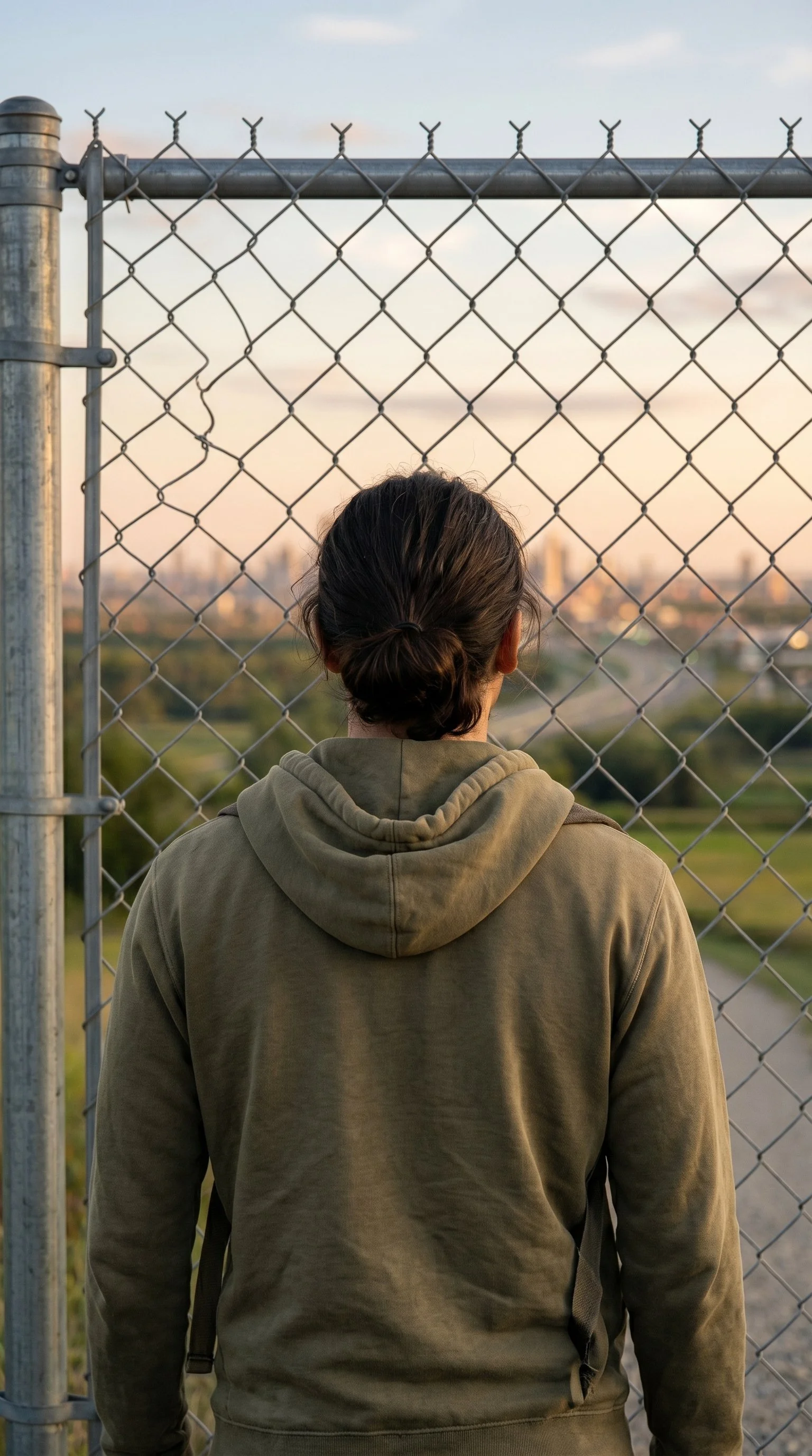 A person with dark hair tied in a bun, wearing a khaki hoodie, stands facing a chain-link fence and looks out at the city skyline during sunset.