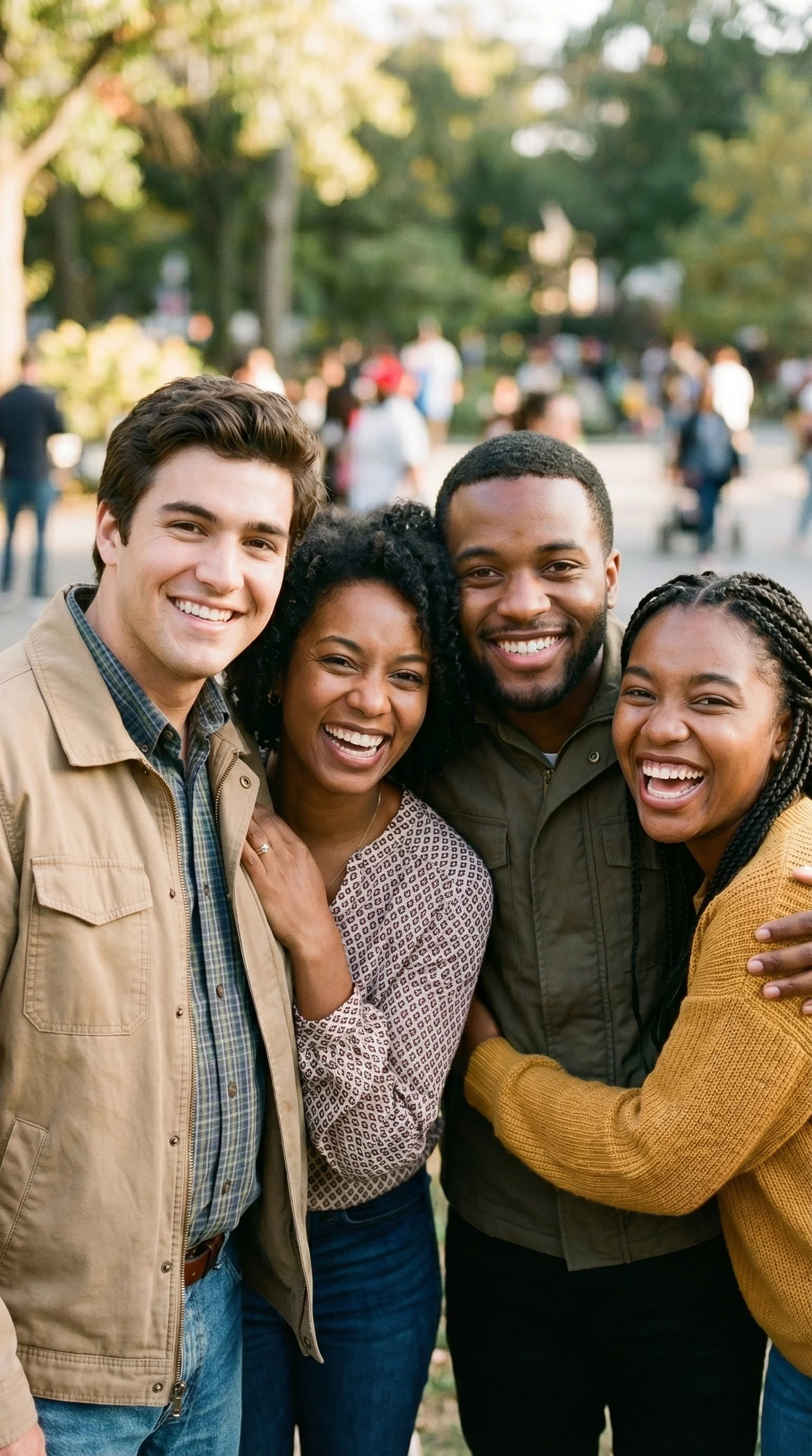 Four friends smiling and hugging outdoors in a park during daytime.