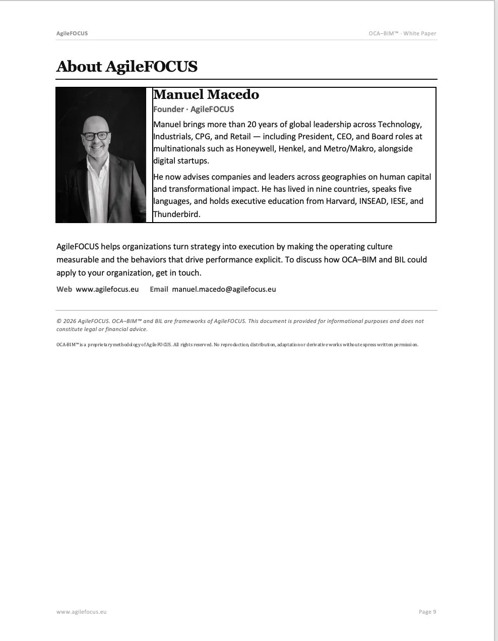 A profile picture of Manuel Macedo, a man wearing glasses and a suit, is displayed on the left side of a document page titled 'About AgileFOCUS'. The document includes his biography, contact information, and a disclaimer about the frameworks used.