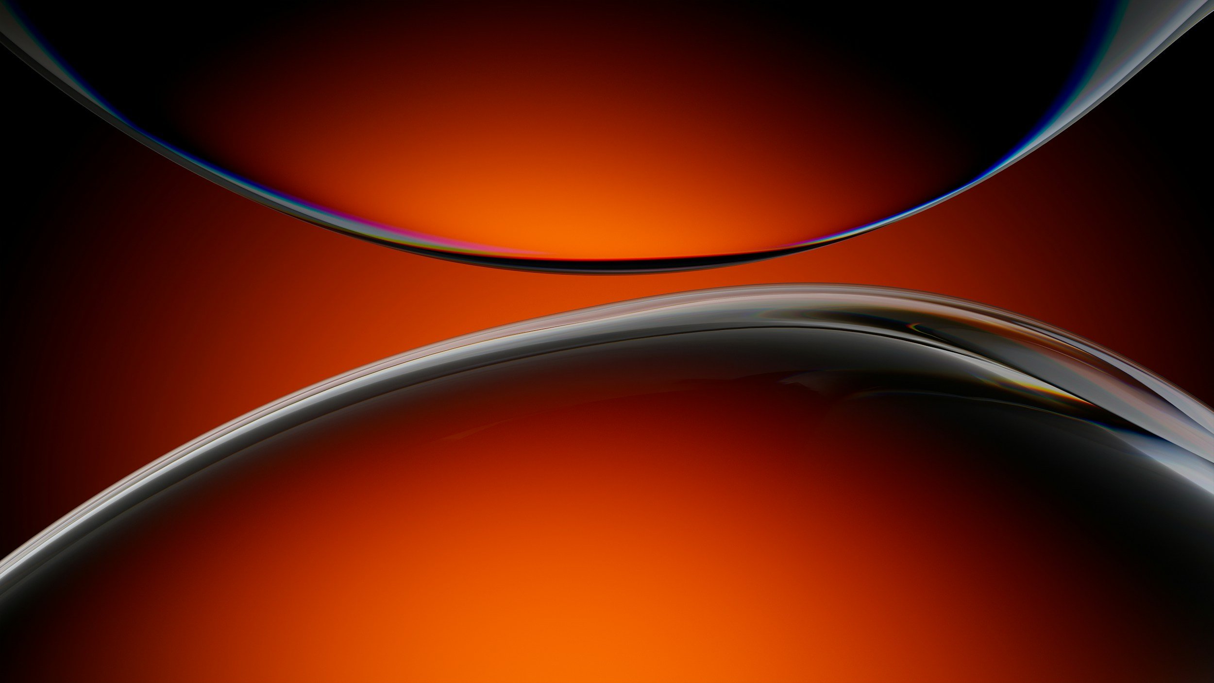 Abstract digital artwork with curved metallic lines and a gradient background in red, orange, black, and hints of blue.