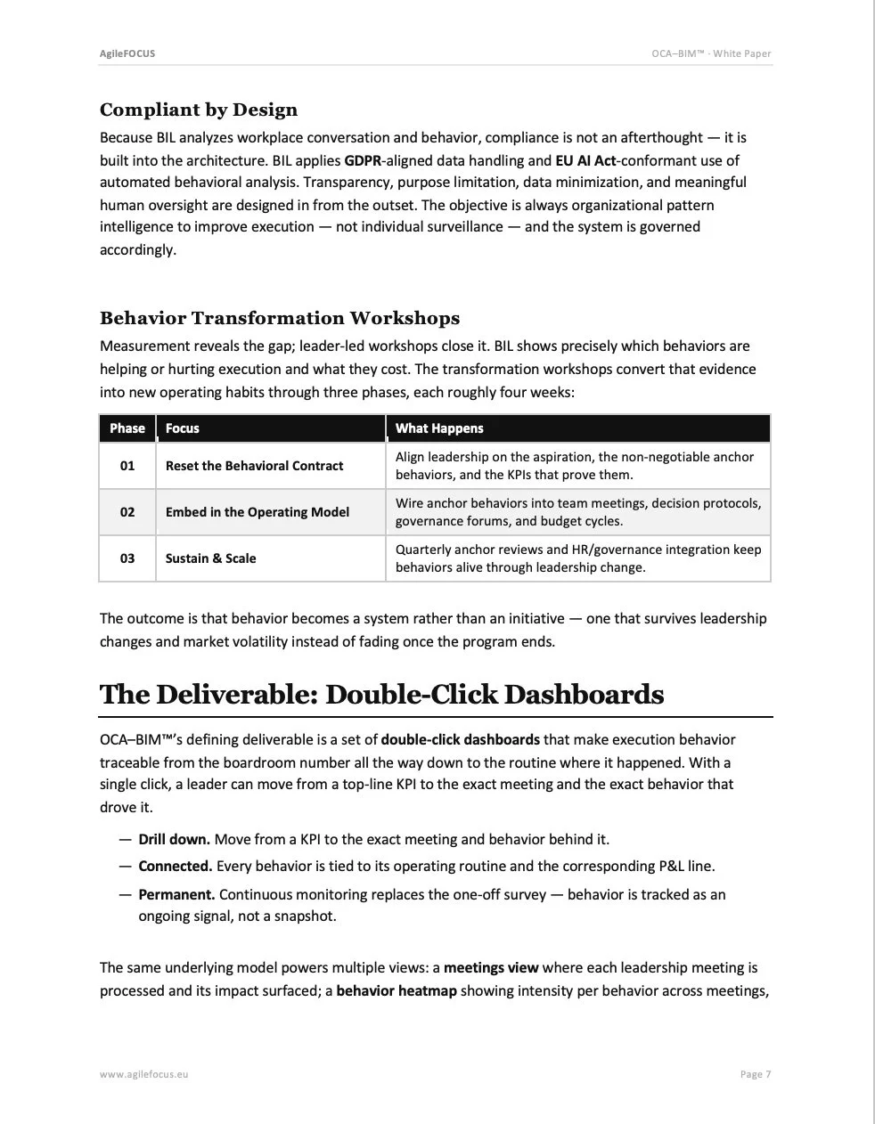 White paper titled 'Compliant by Design' discussing workplace behavior and system governance, with sections on behavior transformation workshops and double-click dashboards, including a table outlining phases of behavior change.