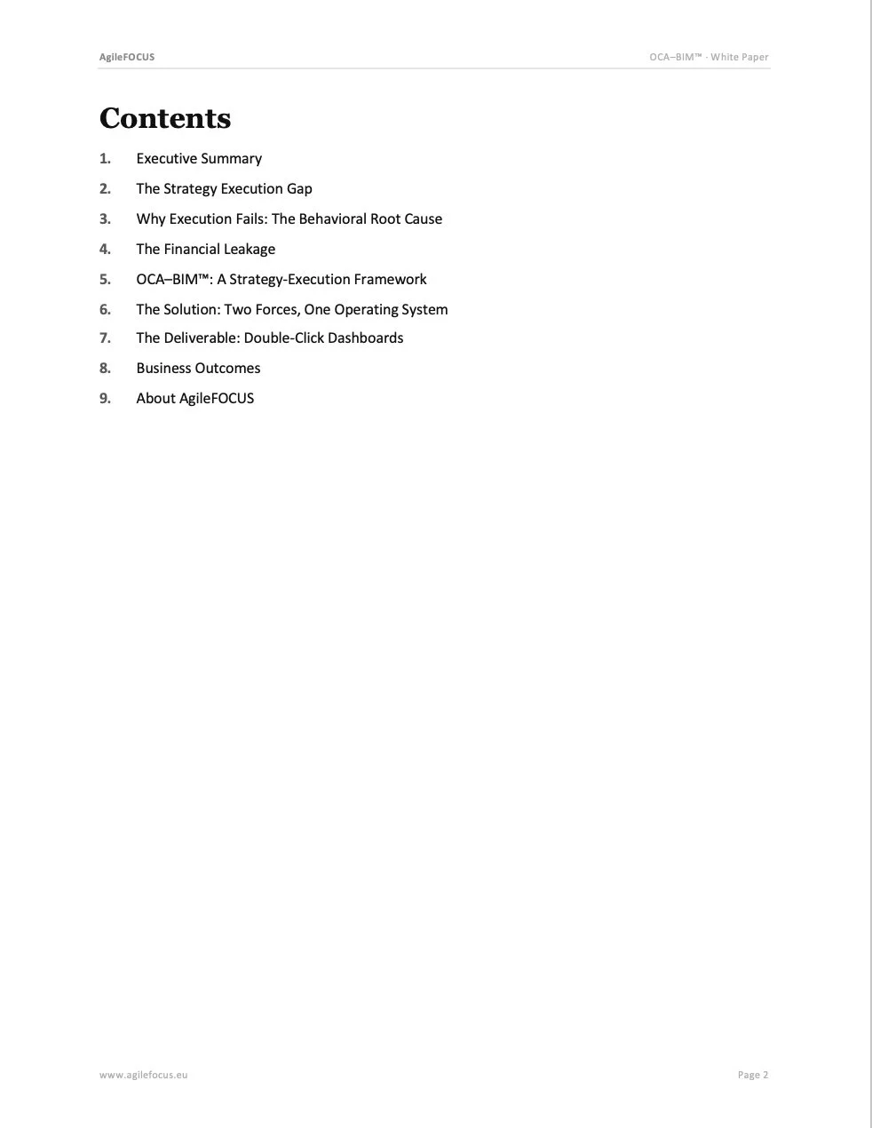 Table of contents for a white paper titled 'OCA–BIM™: A Strategy-Execution Framework' with topics on executive summary, strategy execution gap, behavioral root causes of failure, financial leakage, framework, solution, dashboards, business outcomes, and about the organization.